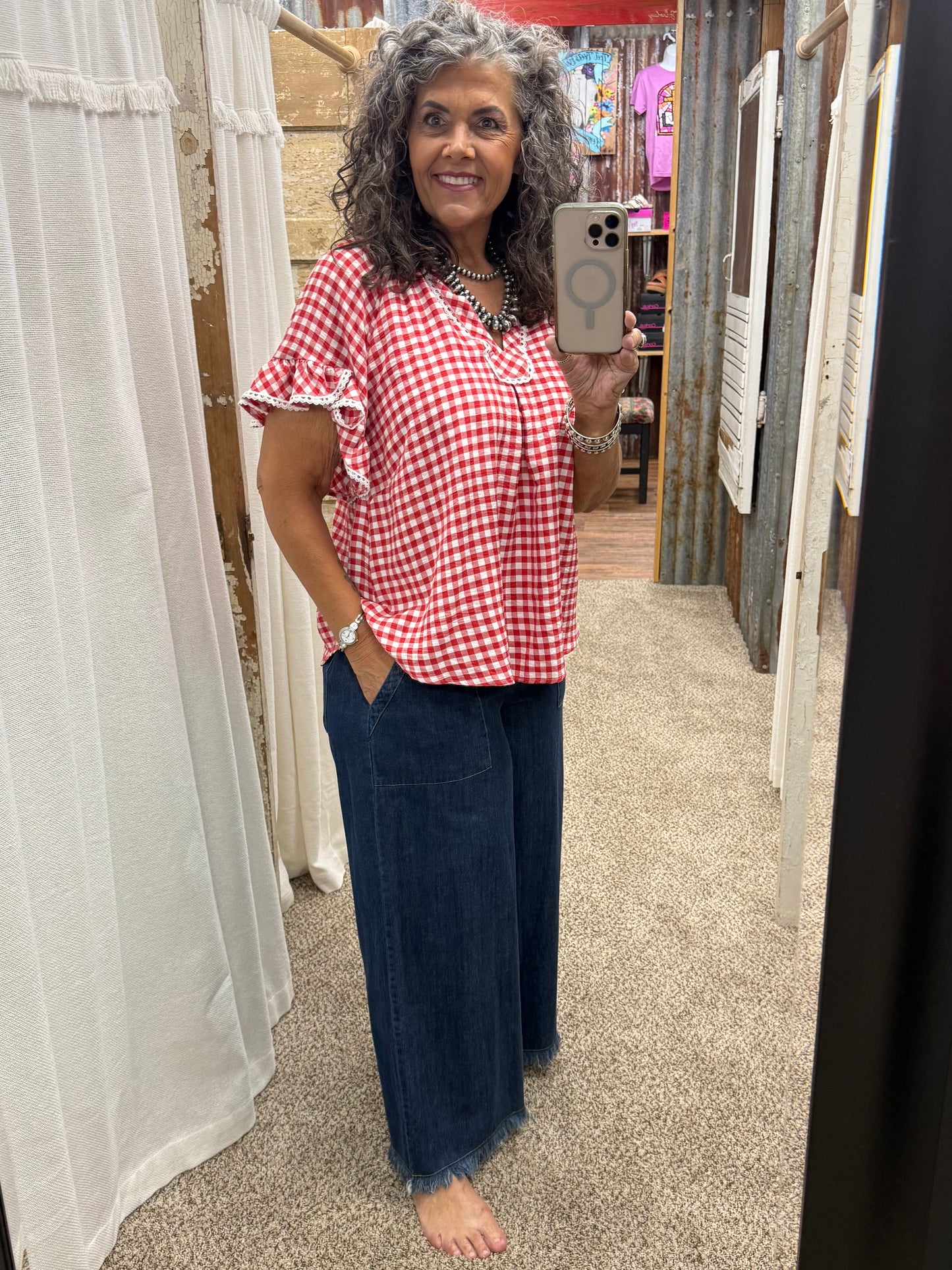 UMGEE Red Gingham Ruffle Top