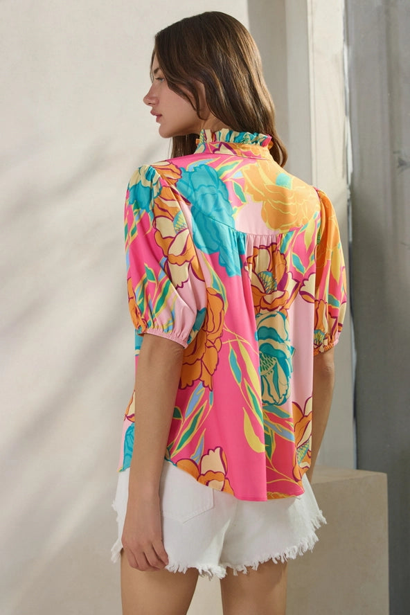 Floral Printed Ruffle Sleeve Blouse (curvy has 3/4 sleeve)