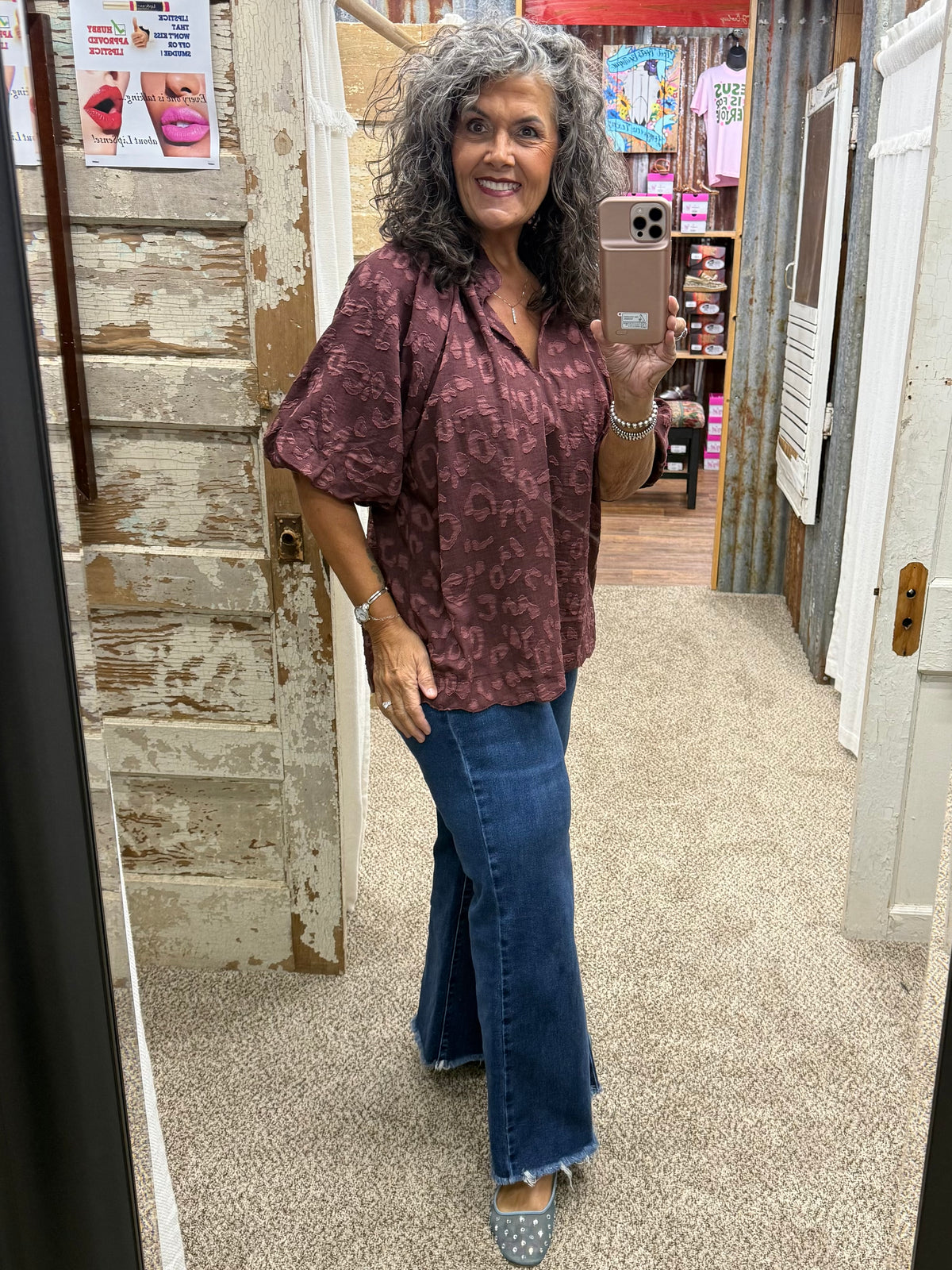 UMGEE Maroon Textured Jacquard Split Neck Puff Sleeve Top