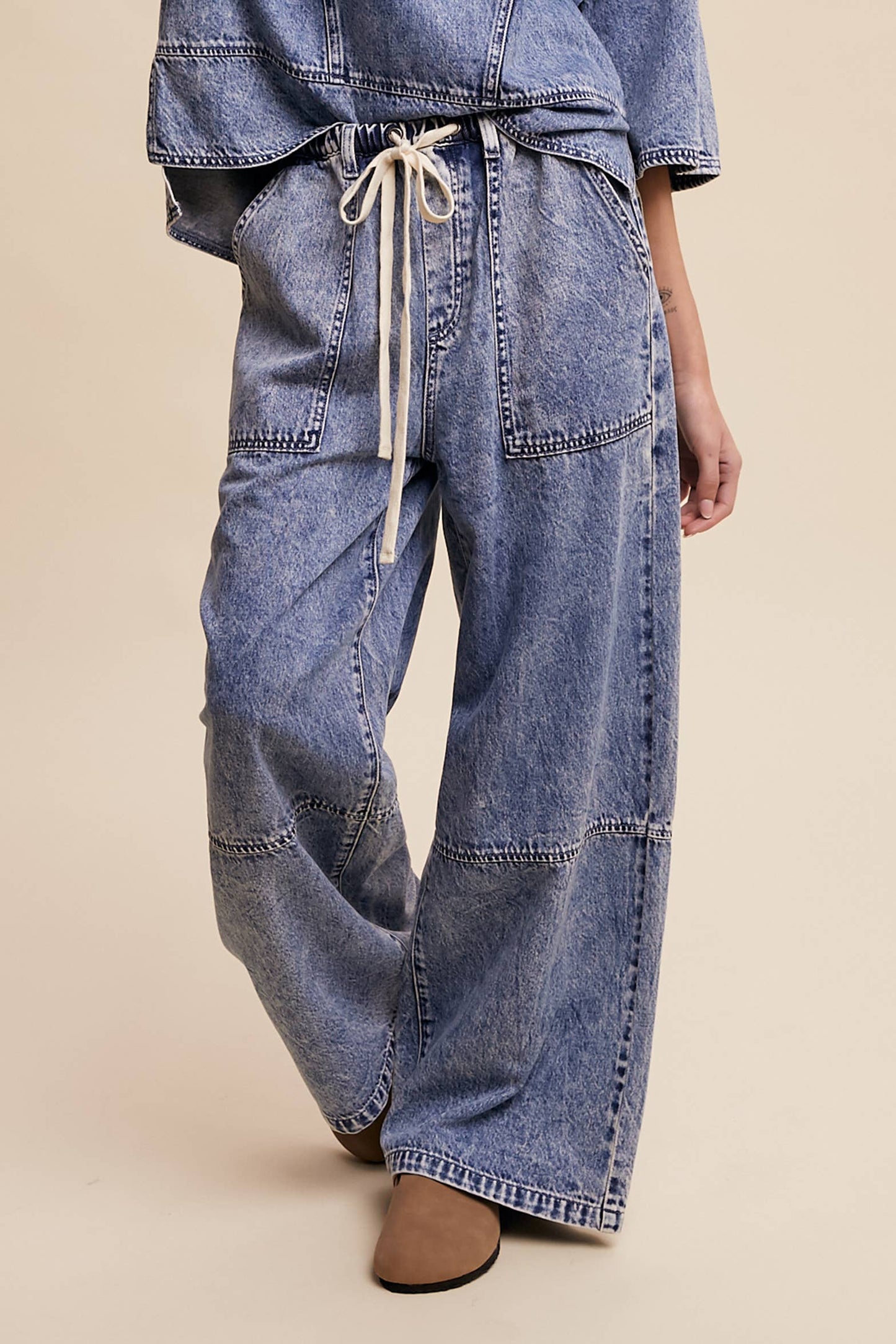 Wide-Leg Denim Drawstring Pants