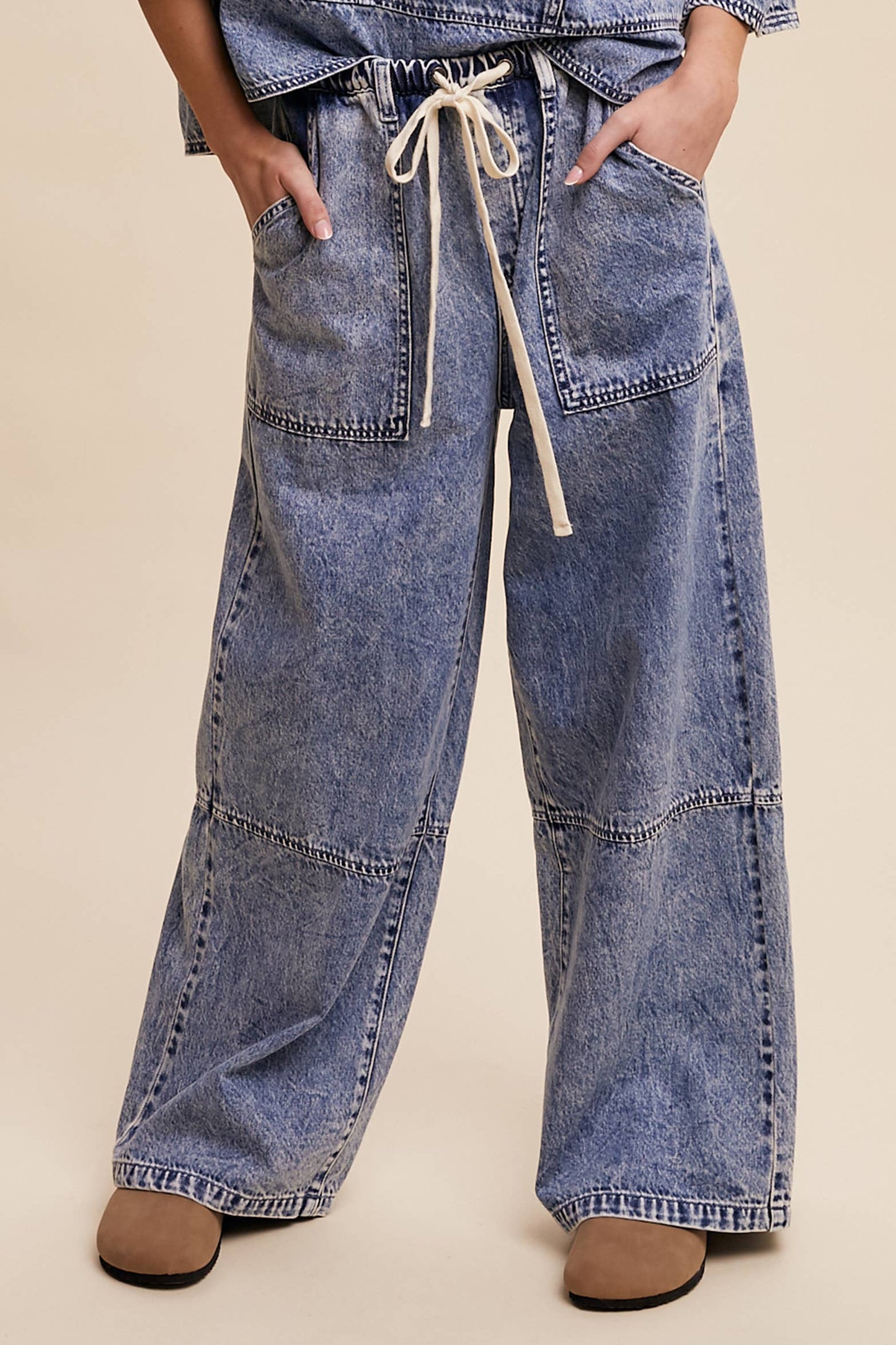 Wide-Leg Denim Drawstring Pants