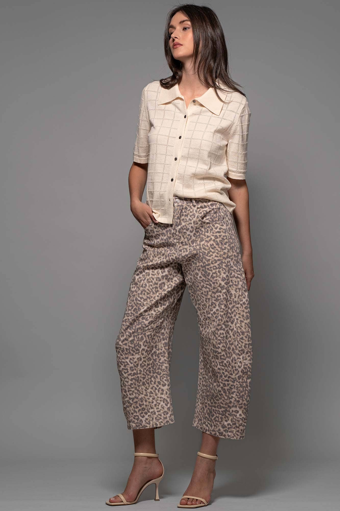 Leopard Print Stitch Detail Barrel Jeans