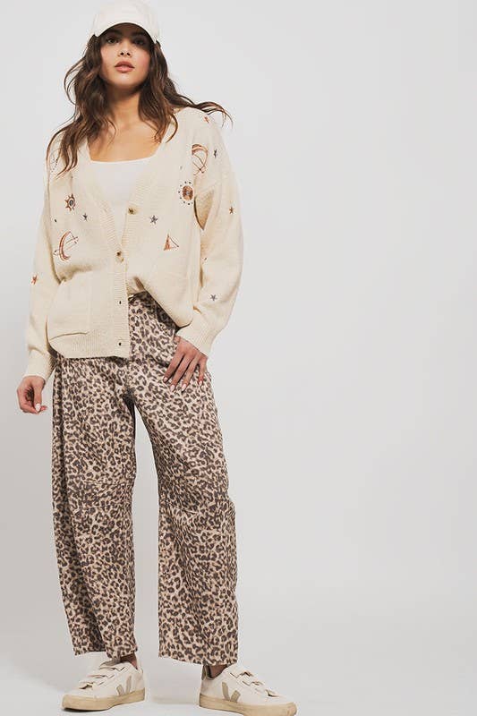 Leopard Print Stitch Detail Barrel Jeans