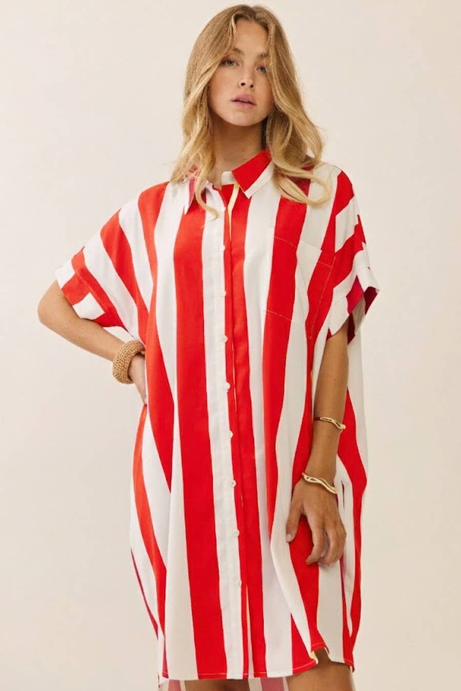 Vertical Stripe Short Sleeve Button-up Shirt Dress : TOMATO WHITE