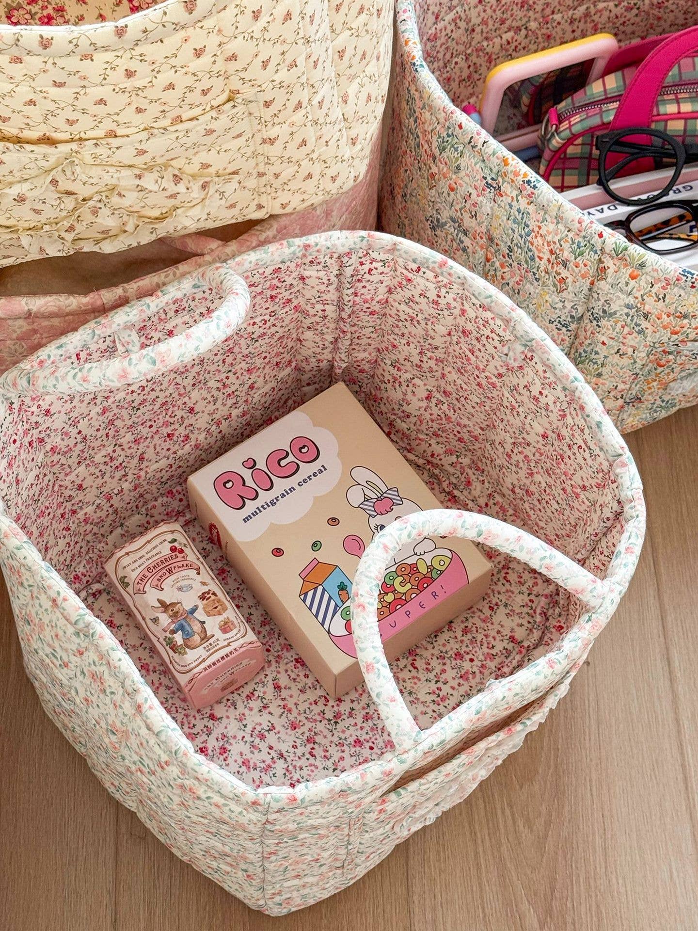 Green Quilted Floral Laundry Basket Boho Storage basket