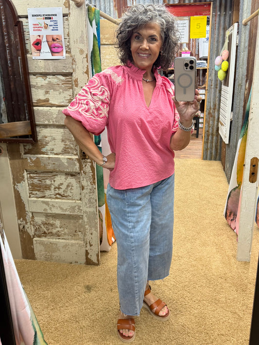 Peony Embroidered Puff Sleeve Textured Top