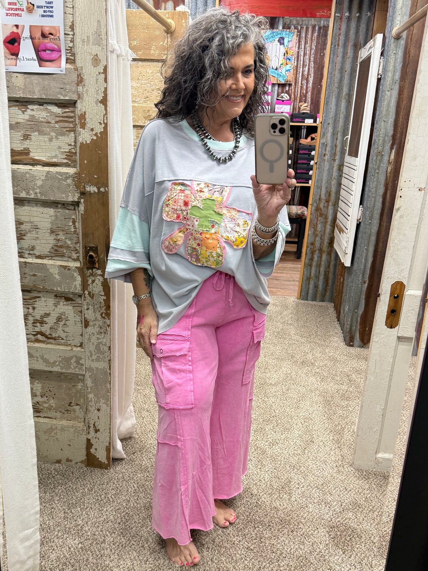 EASEL BUBBLE GUM WASHED WIDE LEGS TERRY CARGO PANTS