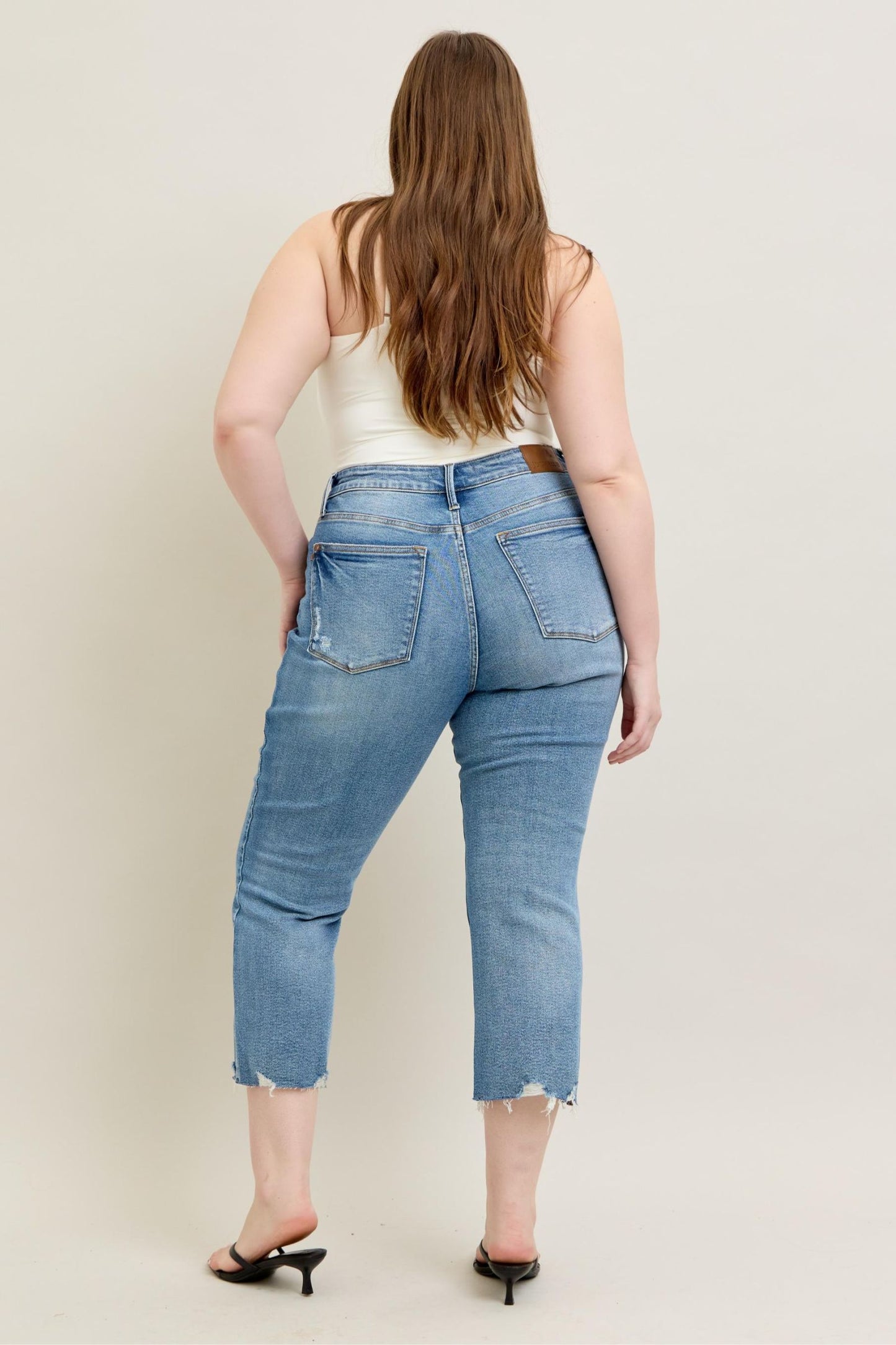 Judy Blue Mid Rise Vintage Wash Destroy Hem Kick Flare Jeans 88979