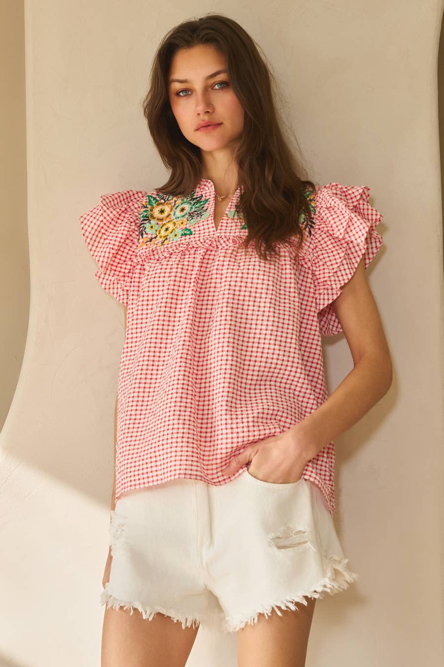 Red Seersucker Checkered Printed Top