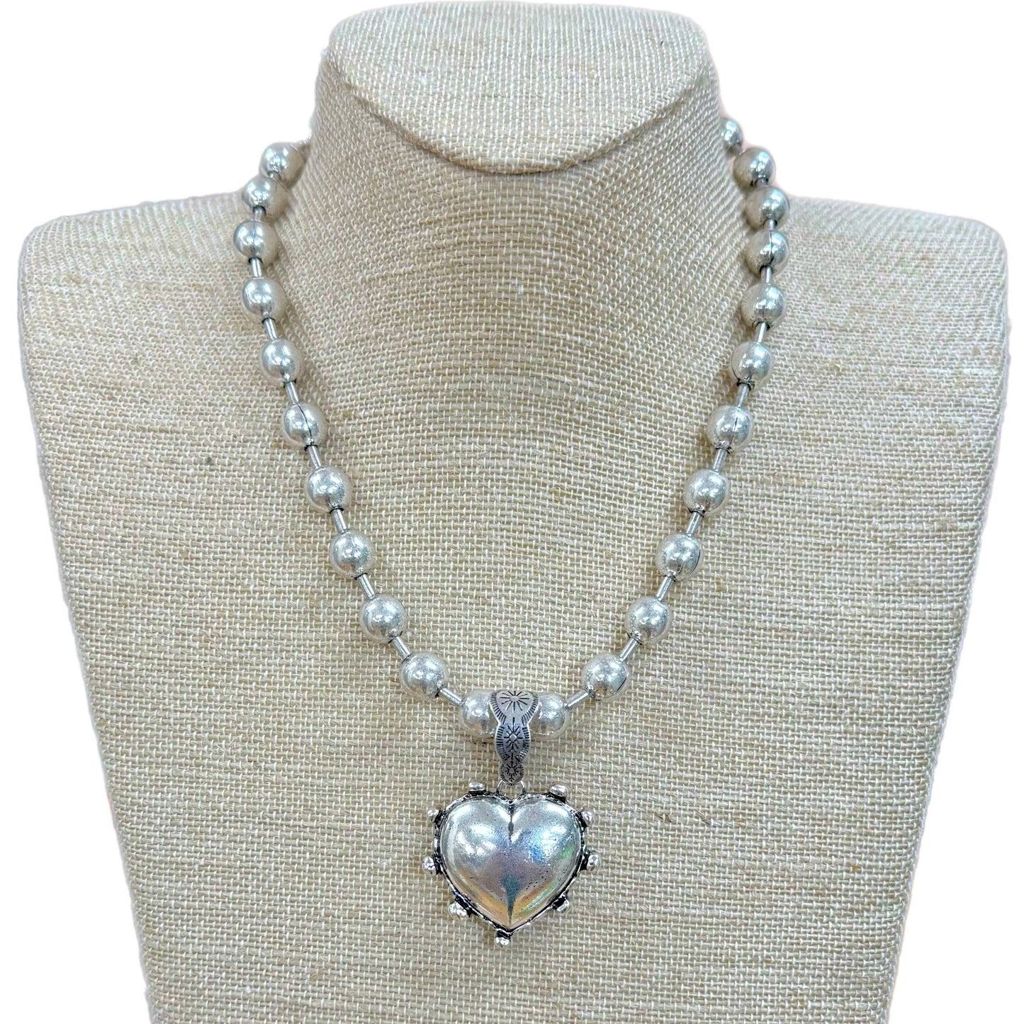 Silver Puff Heart On Silver Ball Chain Necklace