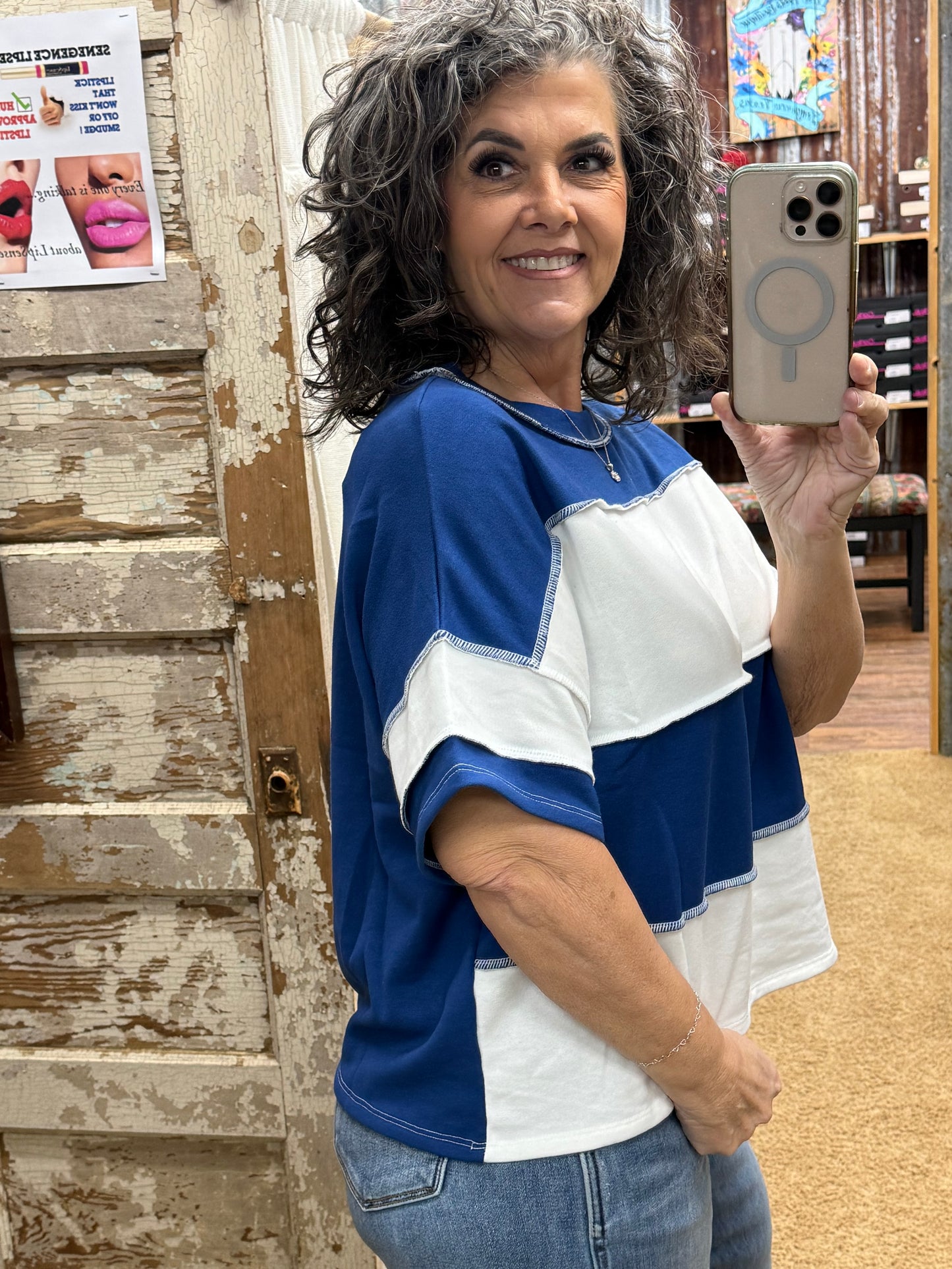 Navy & White Colorblock Top