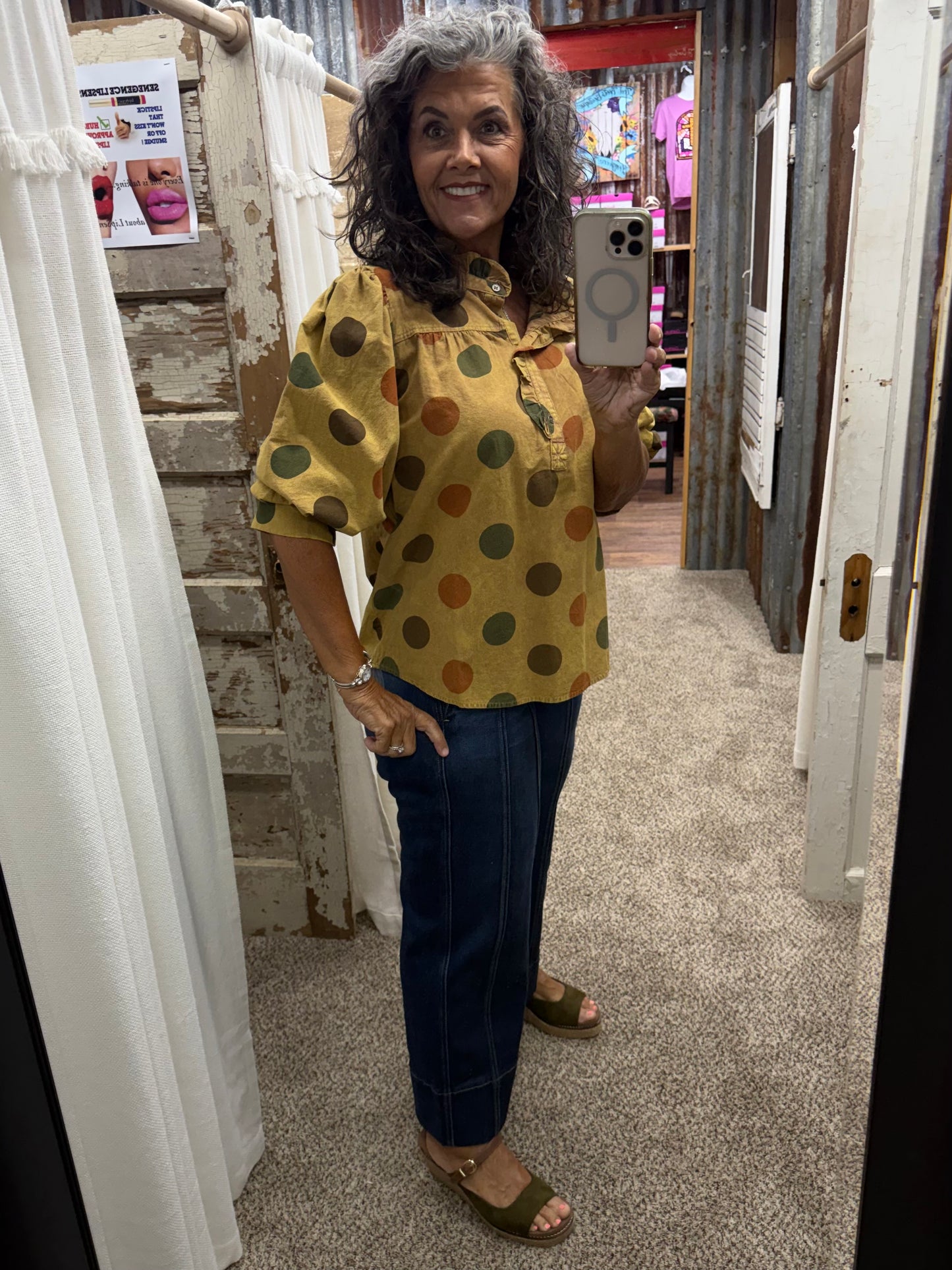 POLKA DOTS WASHED MOCHA BLOUSE