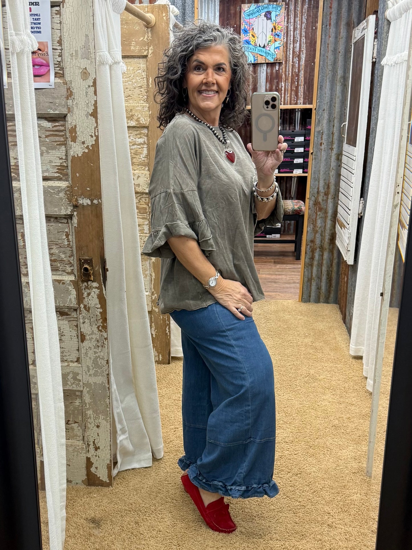 ASH MOCHA WING RUFFLE SLVS WASHED COTTON SLUB TOP