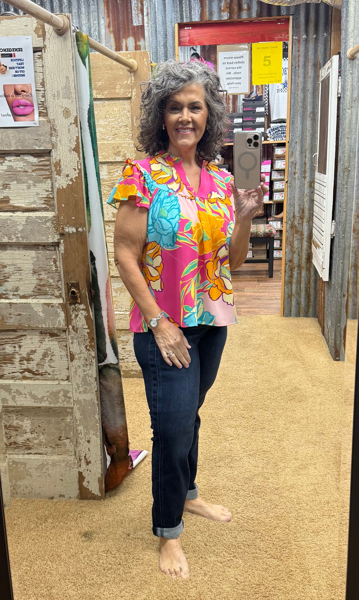 Floral Printed Ruffle Sleeve Blouse (curvy has 3/4 sleeve)