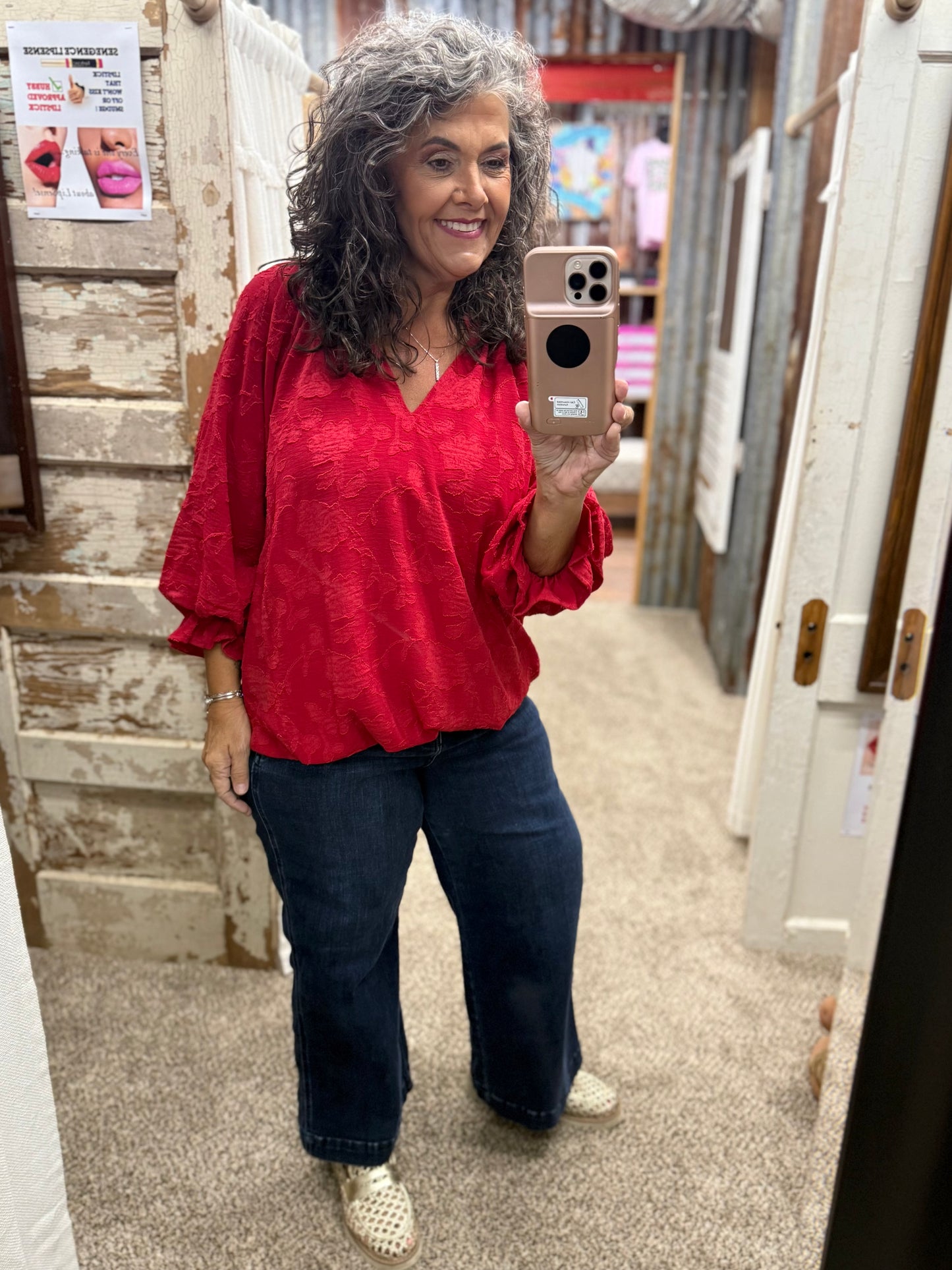 UMGEE Cherry Jacquard Textured Floral V-Neck Blouse