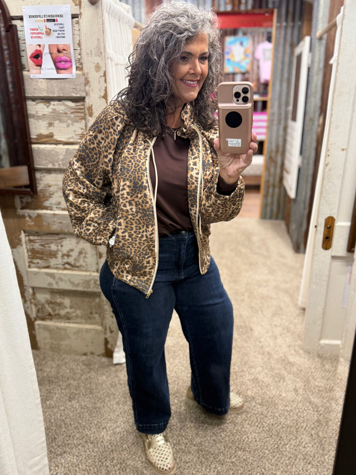 Umgee Camel Leopard Print Zip-Up Hooded Jacket