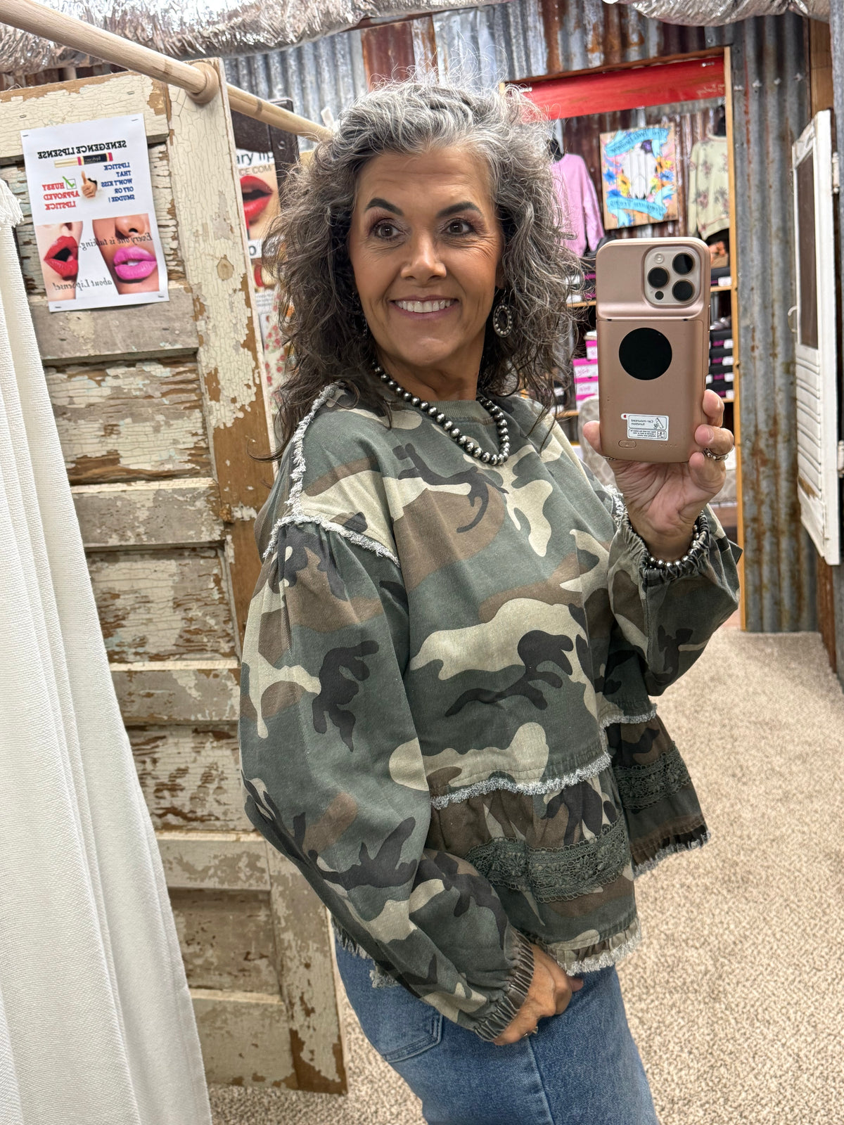 CAMO PRINTED TIERED RUFFLED HEM WITH LACE SLEEVES TOP