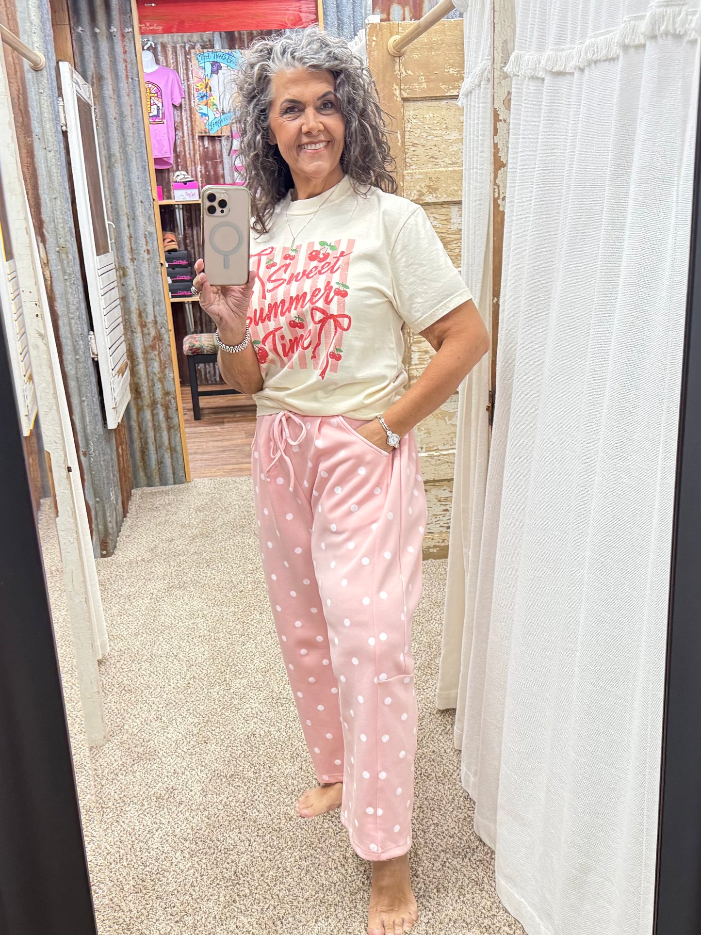 Lt Pink Polka Dot Heavy Scuba Barrel Lounge Pants