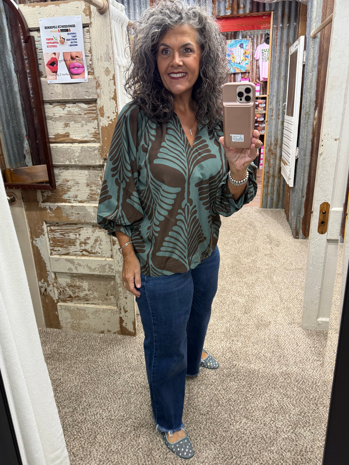 UMGEE Teal Abstract Leaf Print V-Neck Balloon Sleeve Blouse