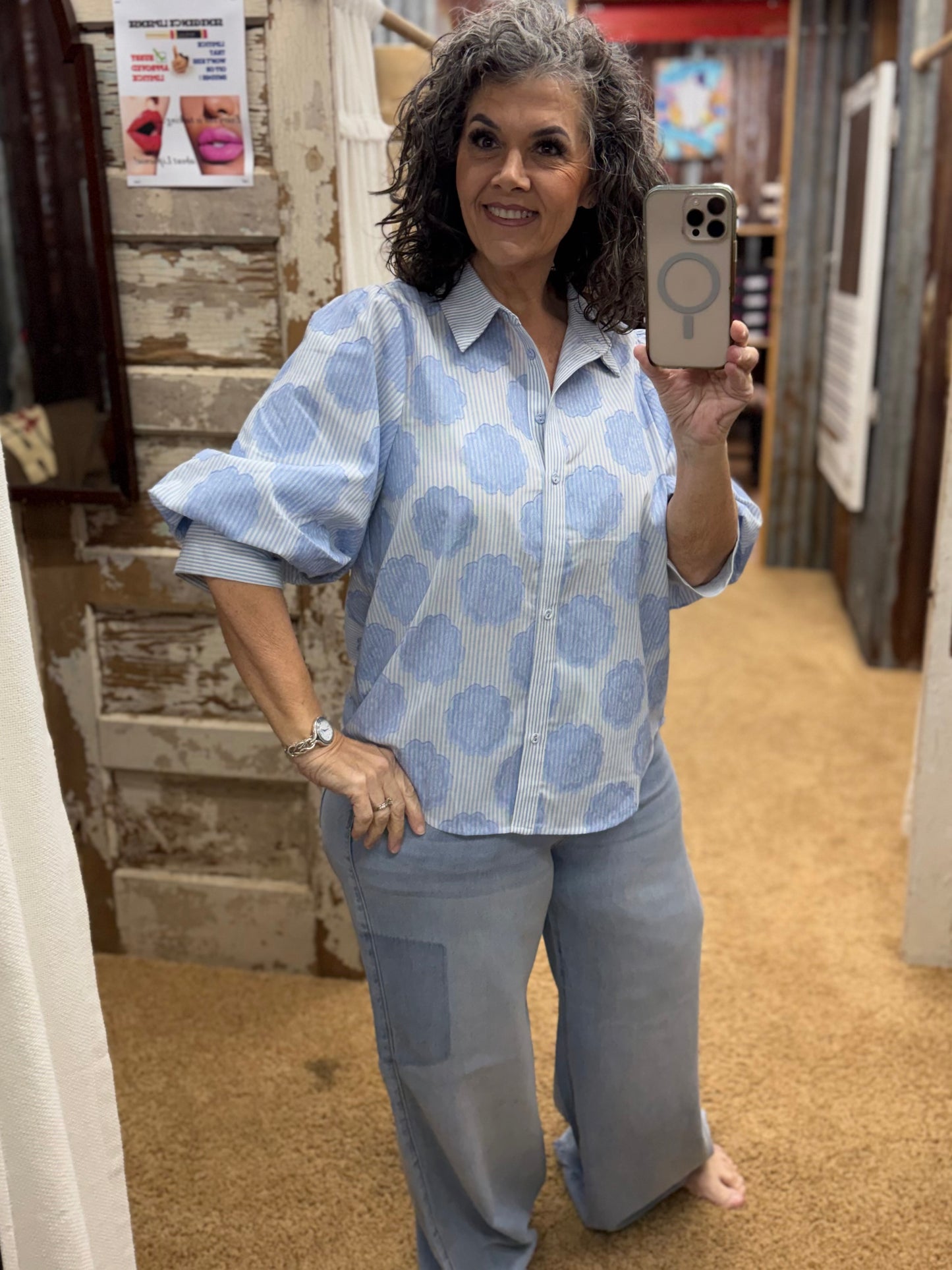 PUFF SLEEVES FLORAL AND STRIPE SHIRT