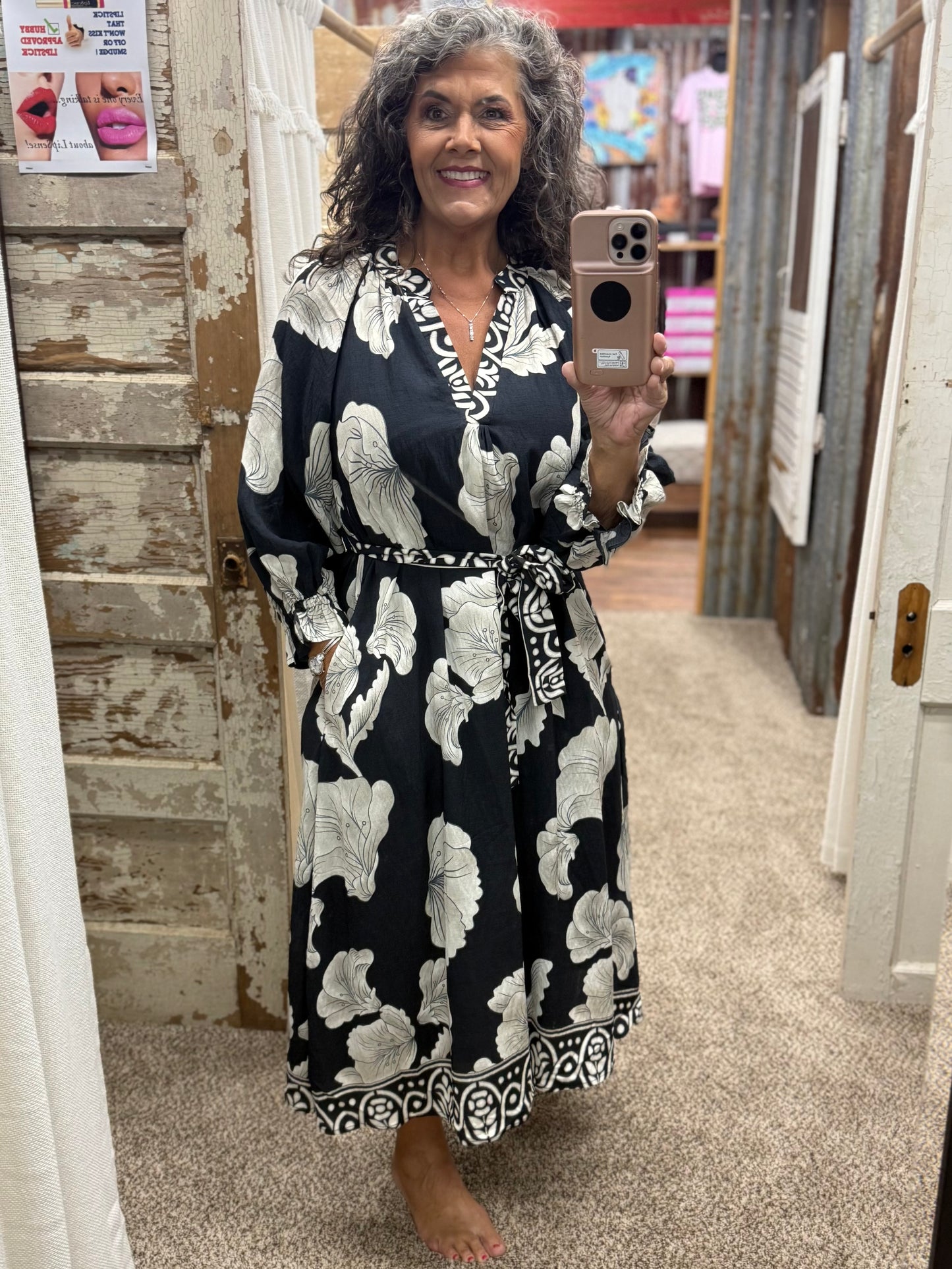 Umgee Black Floral Print Belted Midi Dress