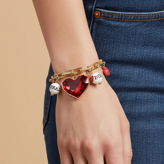 Red & Gold Heart Charm Necklace & Bracelet Set