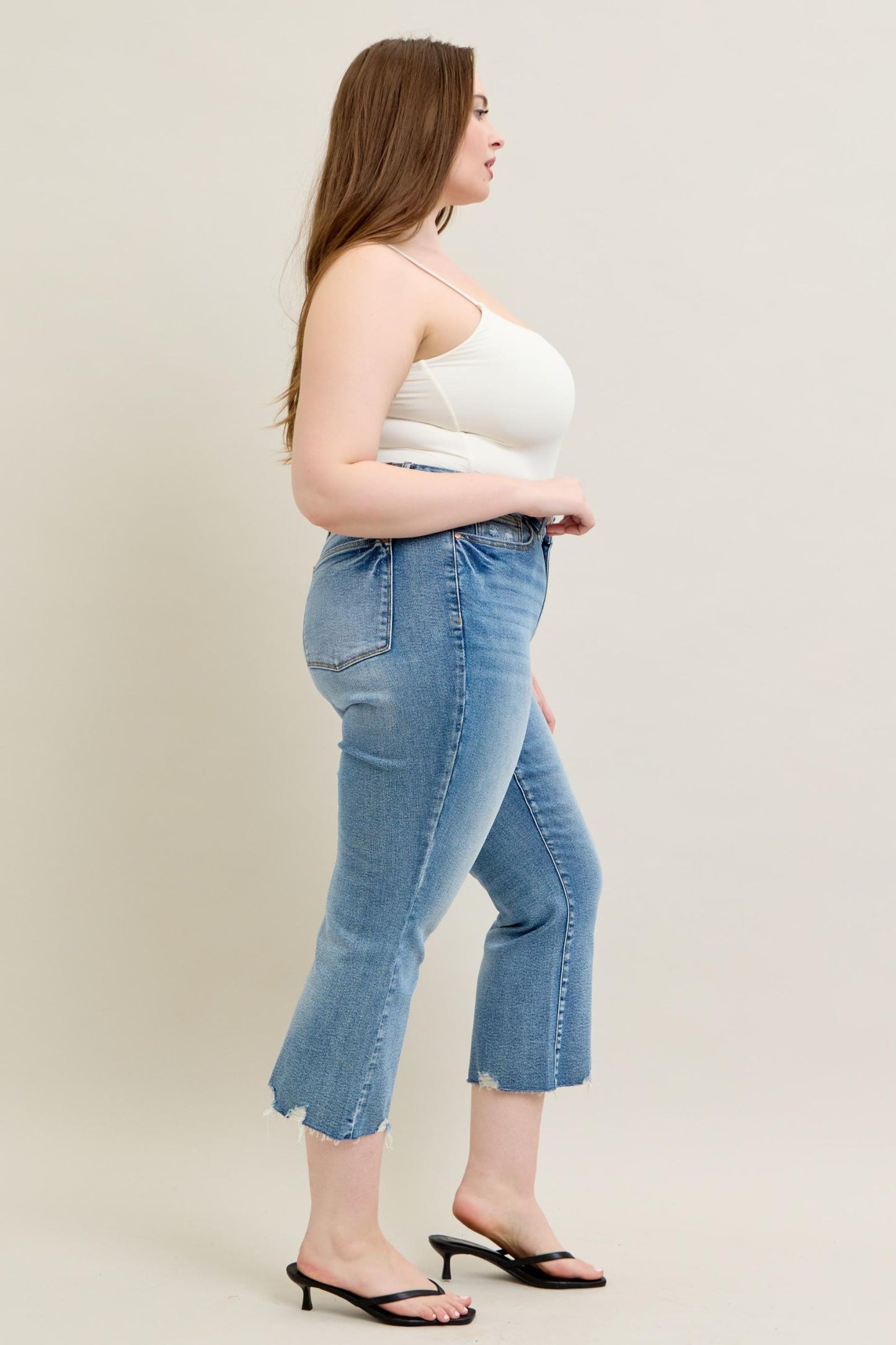 Judy Blue Mid Rise Vintage Wash Destroy Hem Kick Flare Jeans 88979