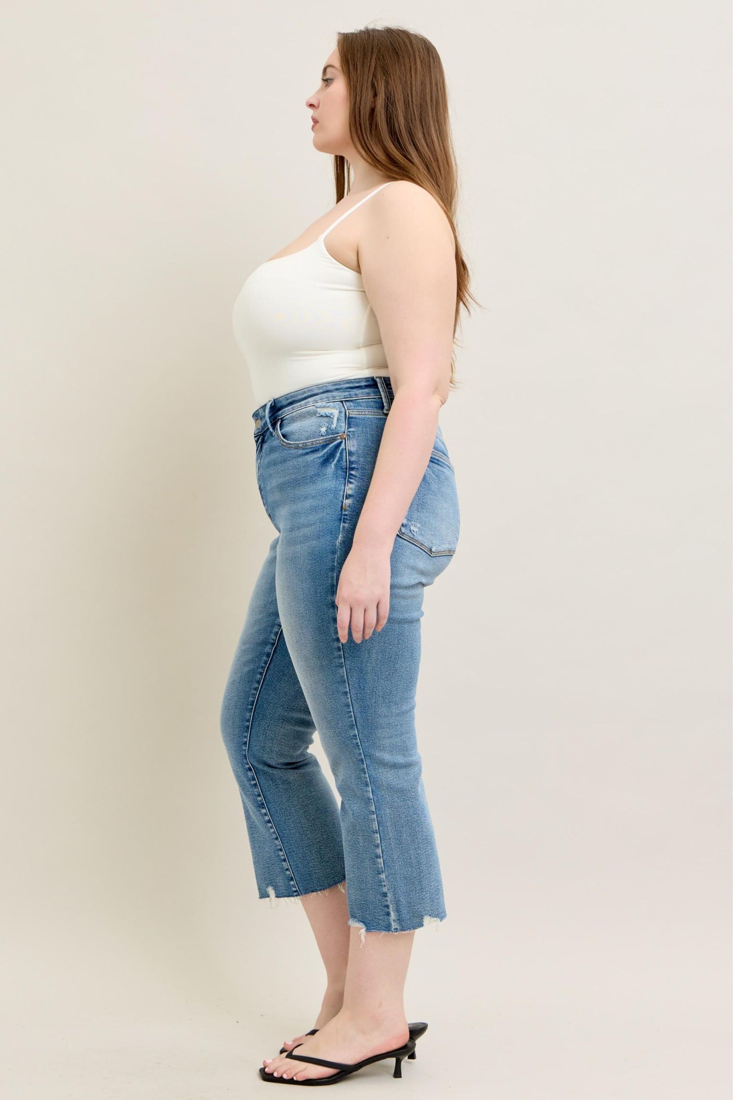 Judy Blue Mid Rise Vintage Wash Destroy Hem Kick Flare Jeans 88979