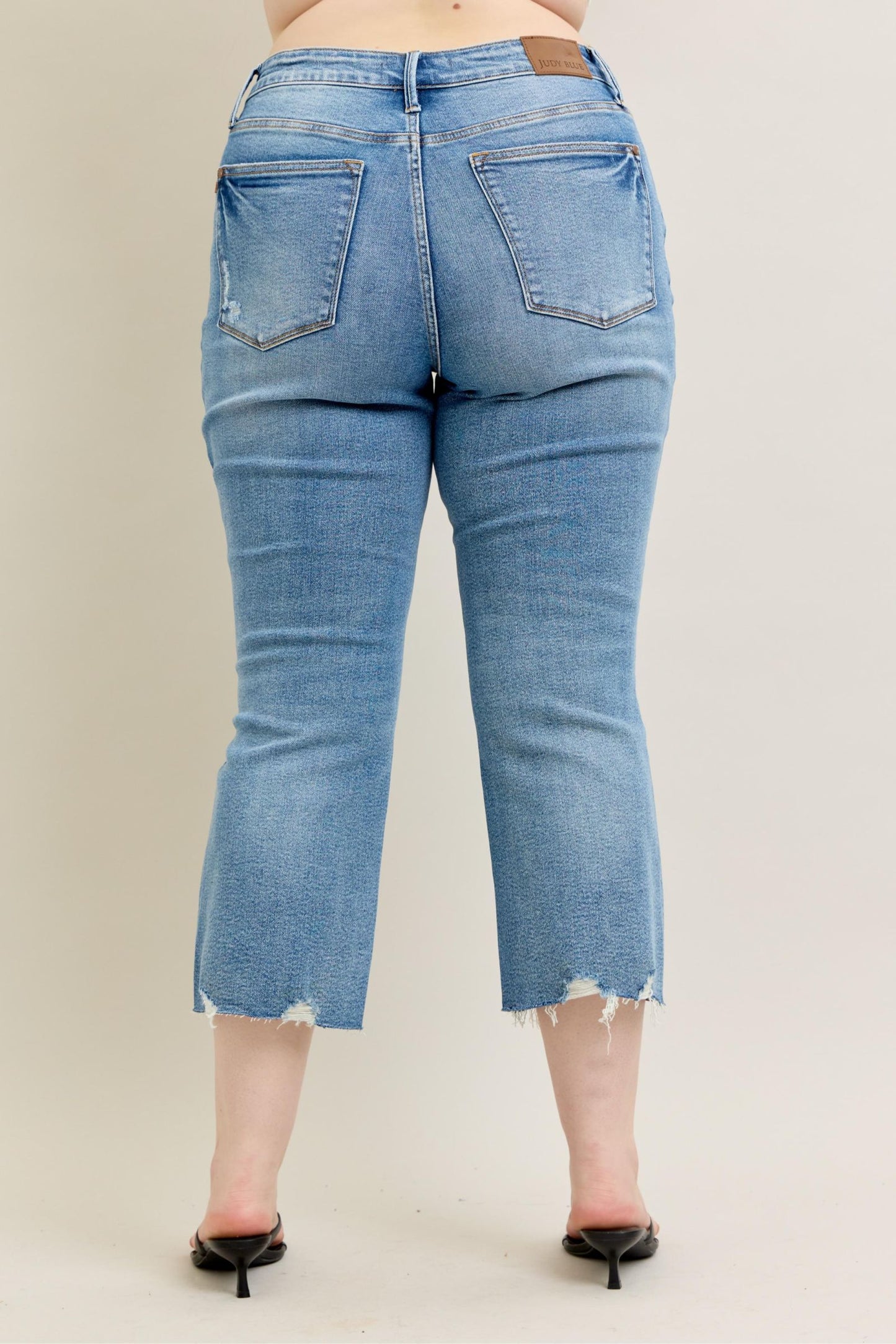 Judy Blue Mid Rise Vintage Wash Destroy Hem Kick Flare Jeans 88979