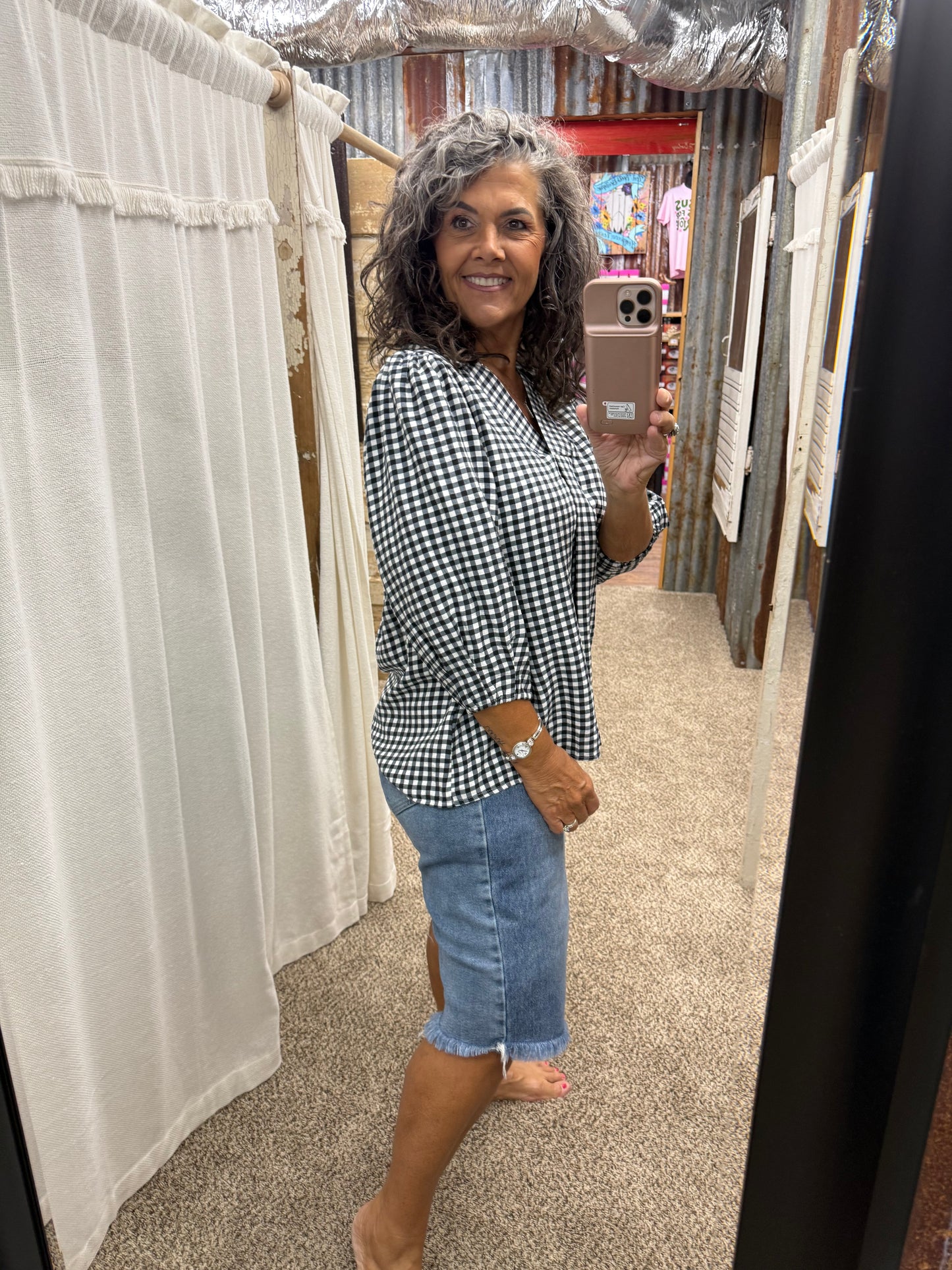 UMGEE Black Gingham Check Collared Puff Sleeve Blouse