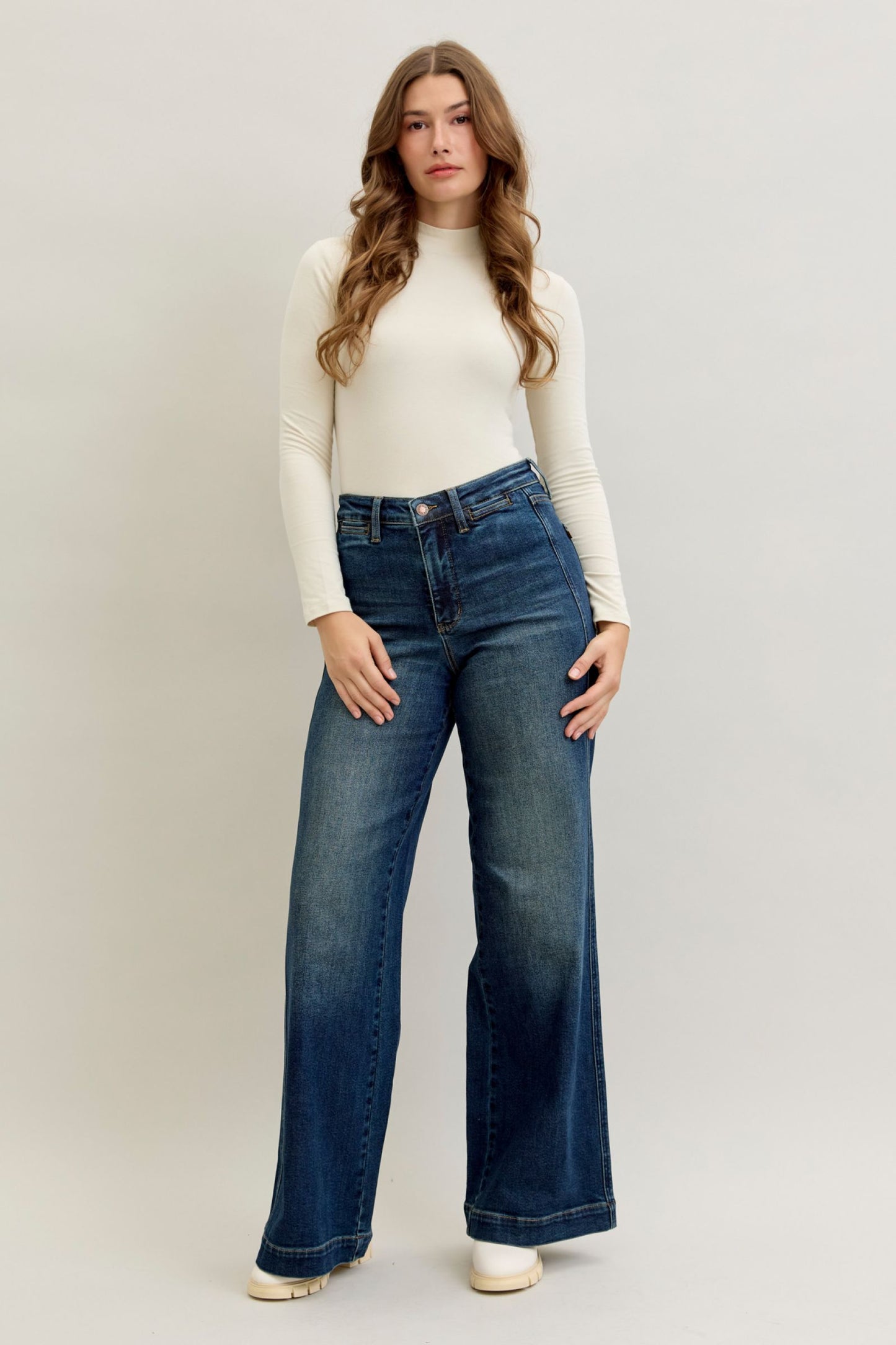 Judy Blue High Waist Retro Wide Tummy Control Front Welt Pockets 881023