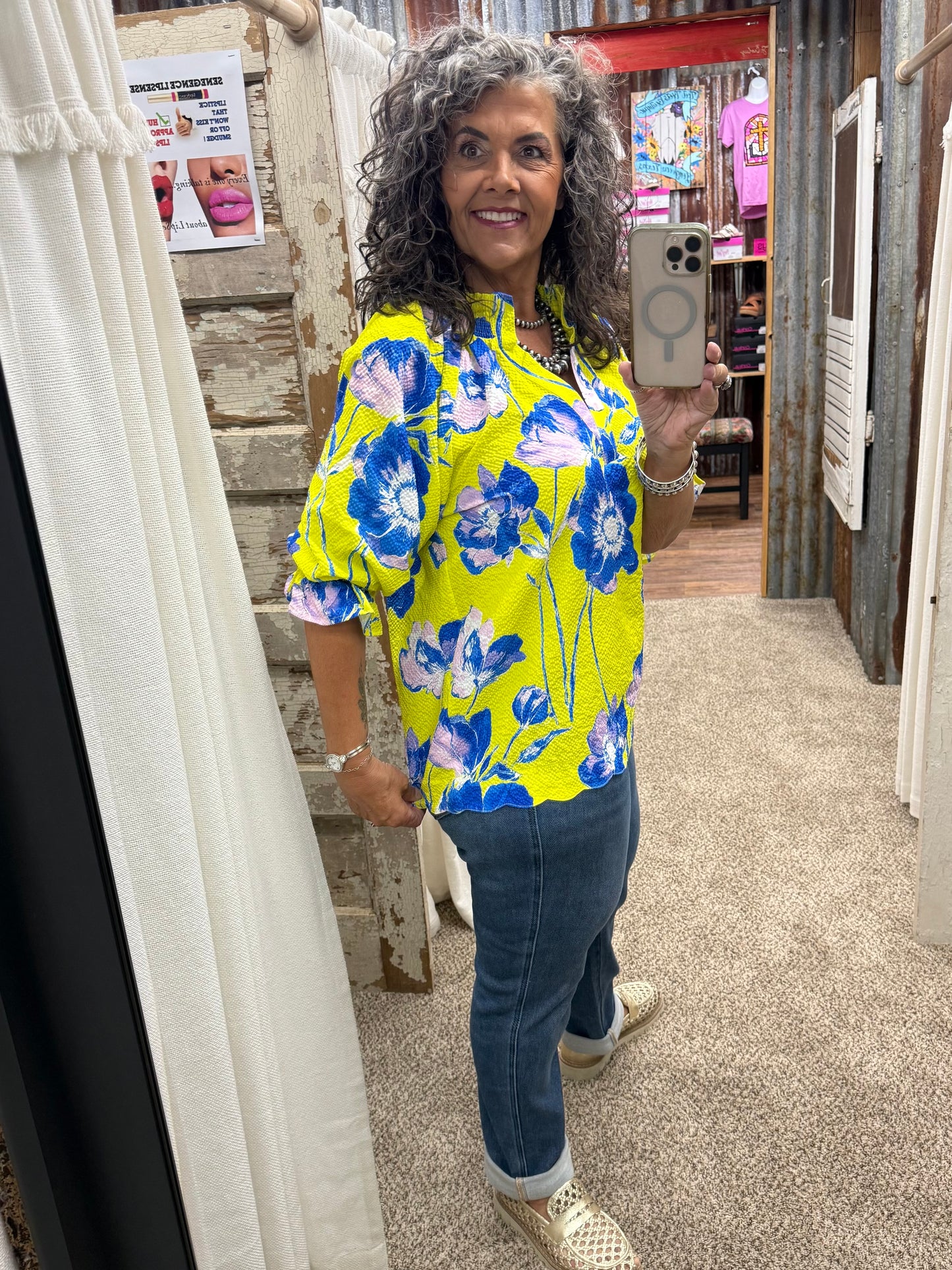 UMGEE Lime Floral Puff Sleeve Top