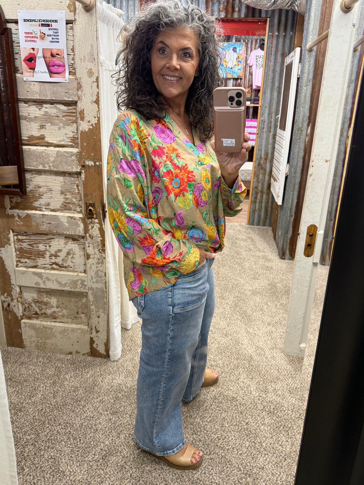 UMGEE Mocha Mix Floral Print Surplice Long Sleeve Blouse