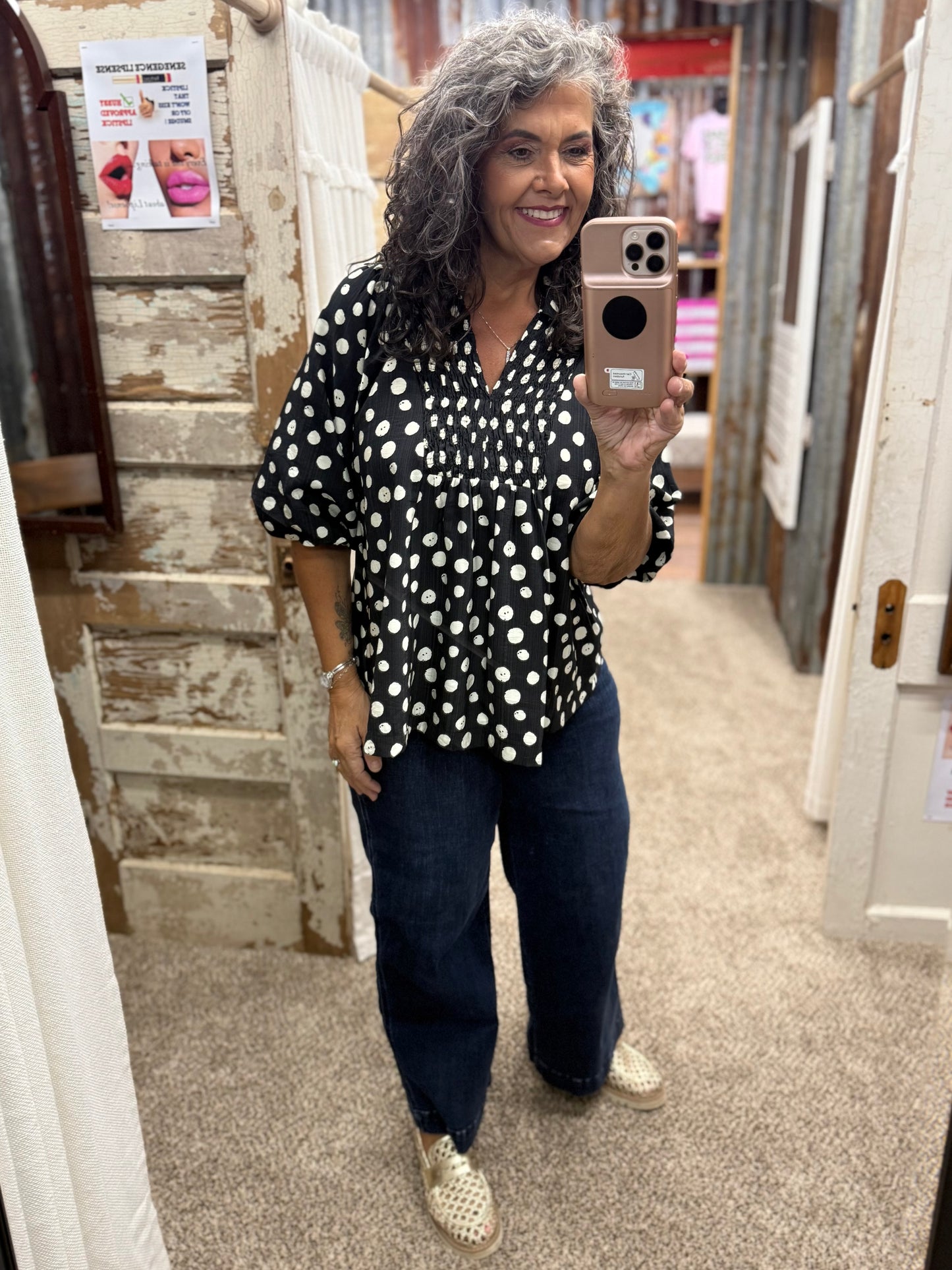 UMGEE Black Polka Dot Smocked Yoke Blouse