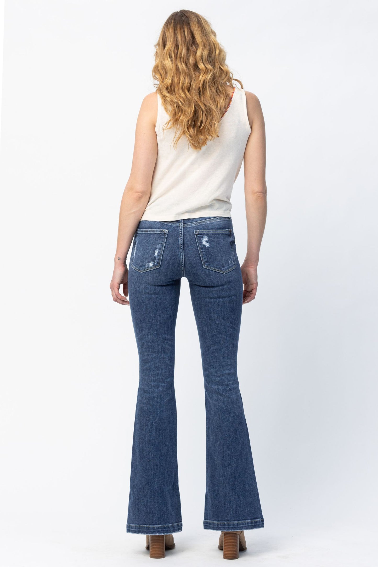 Sale* Judy Blue Mid Rise Button Fly Trouser Distressed Flare 82430