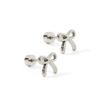LINNY CO Flat Back Screwback Stud Earrings - Sadie Bow Silver