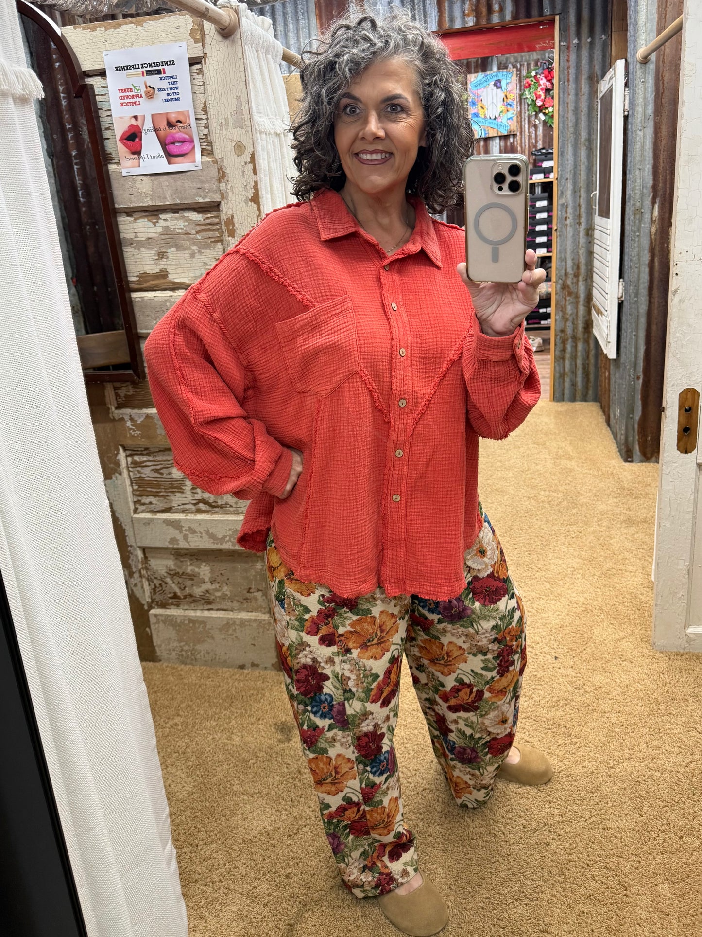 EMBER GLOW WASHED BUTTON DOWN COTTON GAUZE TUNIC