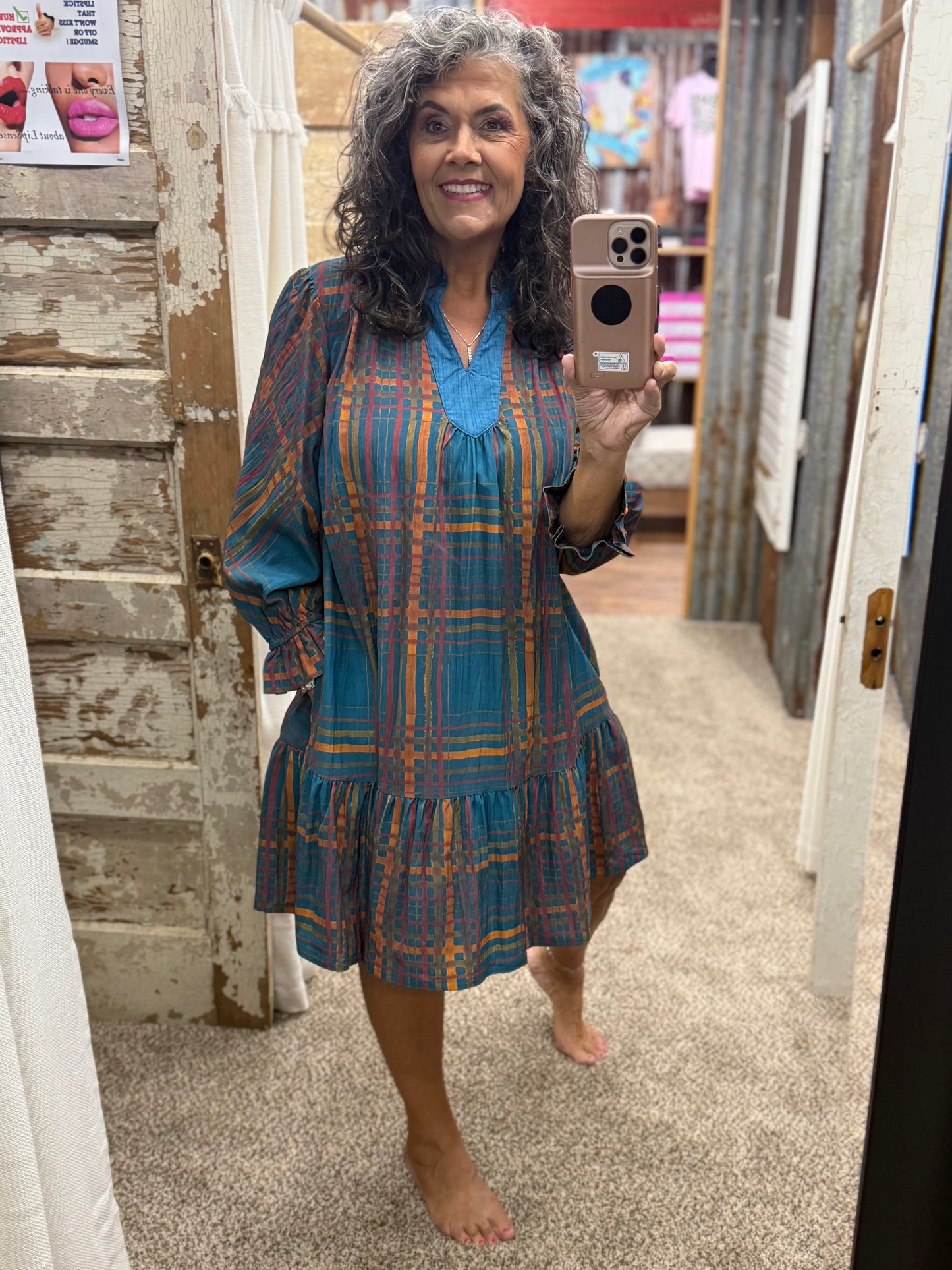 Umgee Teal Plaid Ruffled Mini Dress