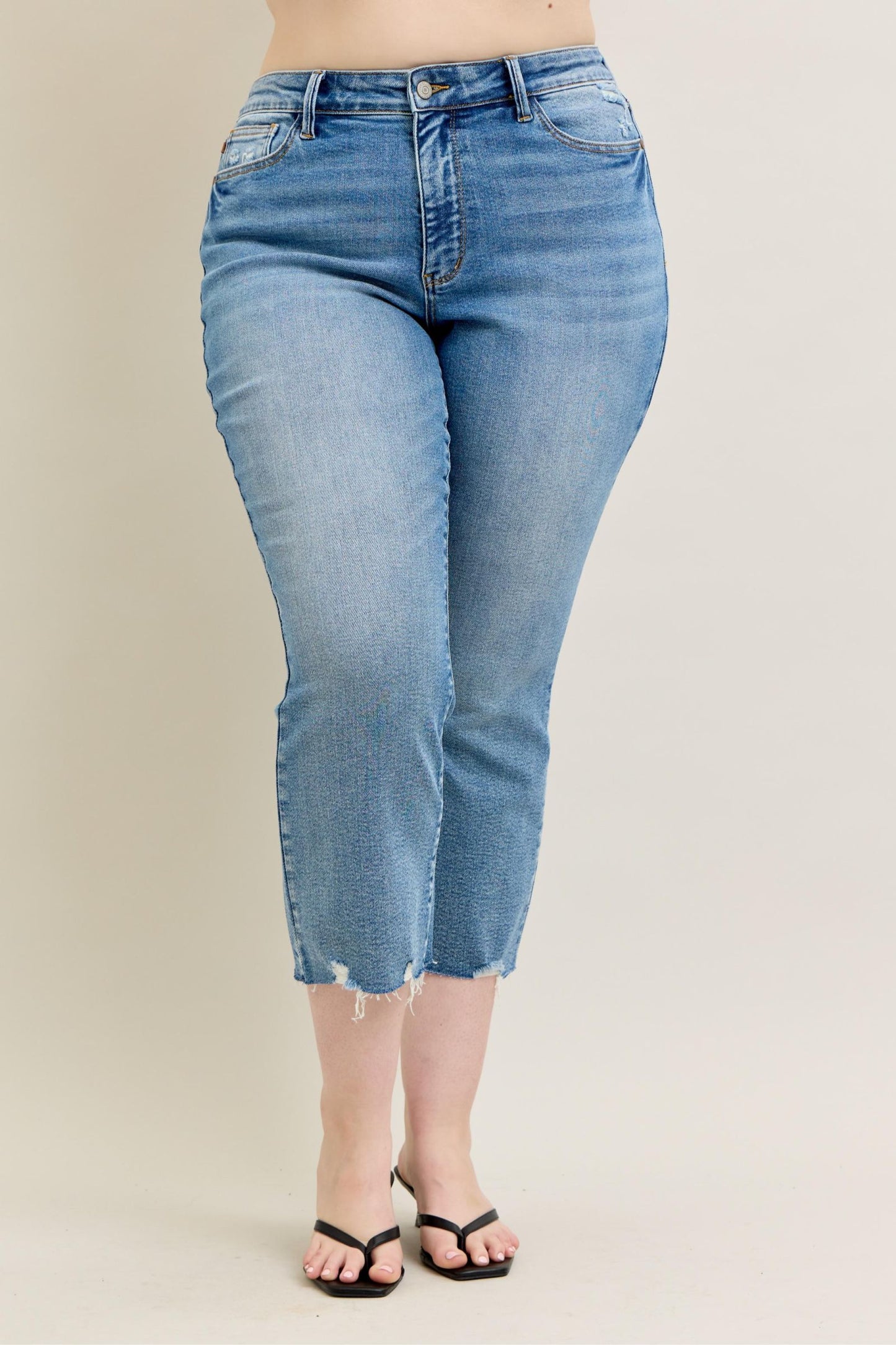 Judy Blue Mid Rise Vintage Wash Destroy Hem Kick Flare Jeans 88979