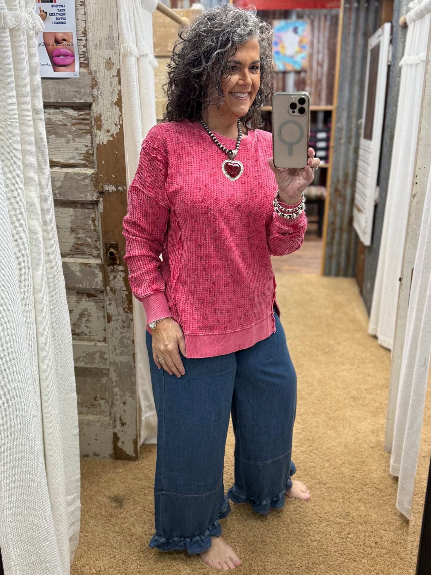 POPPY RED FLORAL PRINTED THERMAL MINERAL WASHED PULLOVER