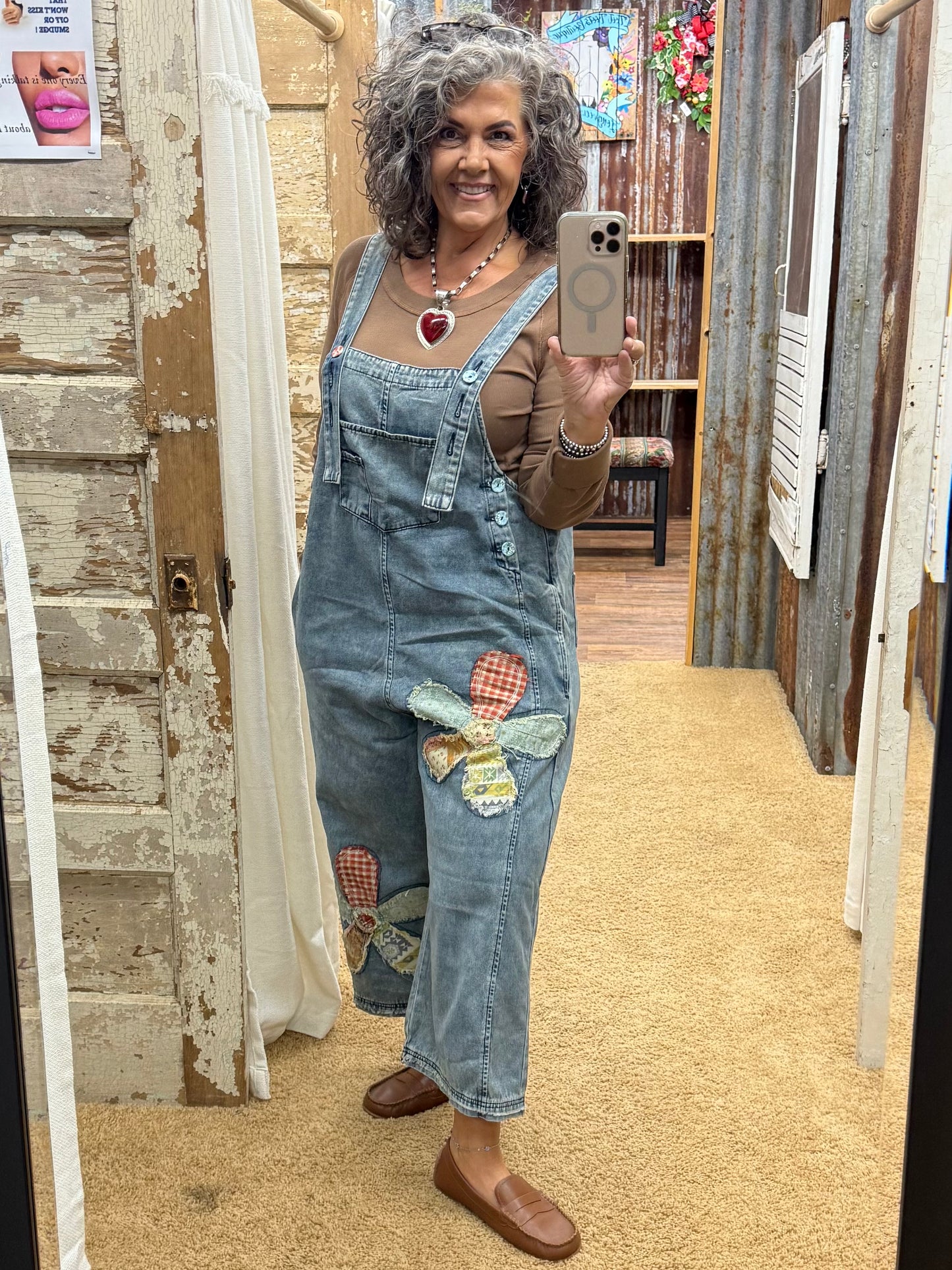 FLOWER PATCH WASHED DENIM OVERALLS