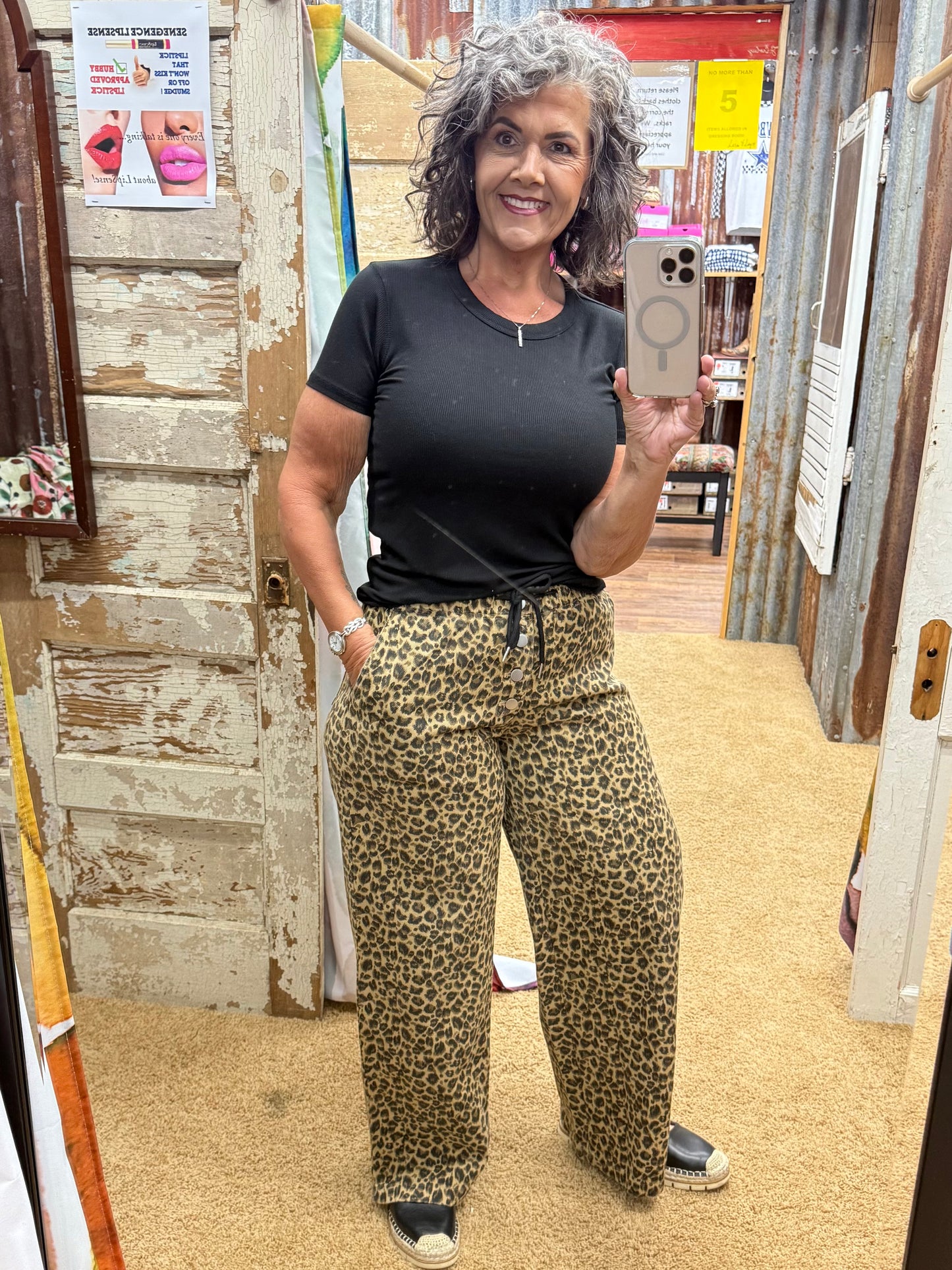 WIDE LEG LEOPARD TWILL PANTS WITH DRAWSTRING