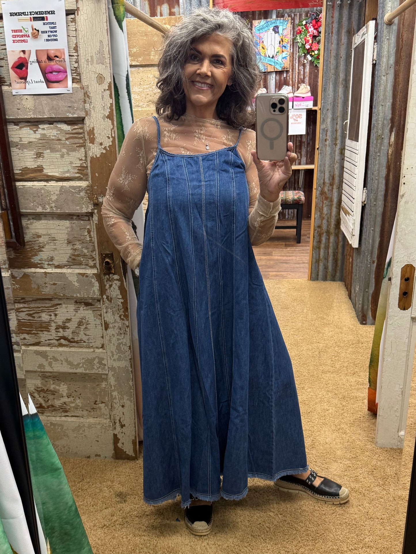 A-Line Back Tie Denim Maxi Dress