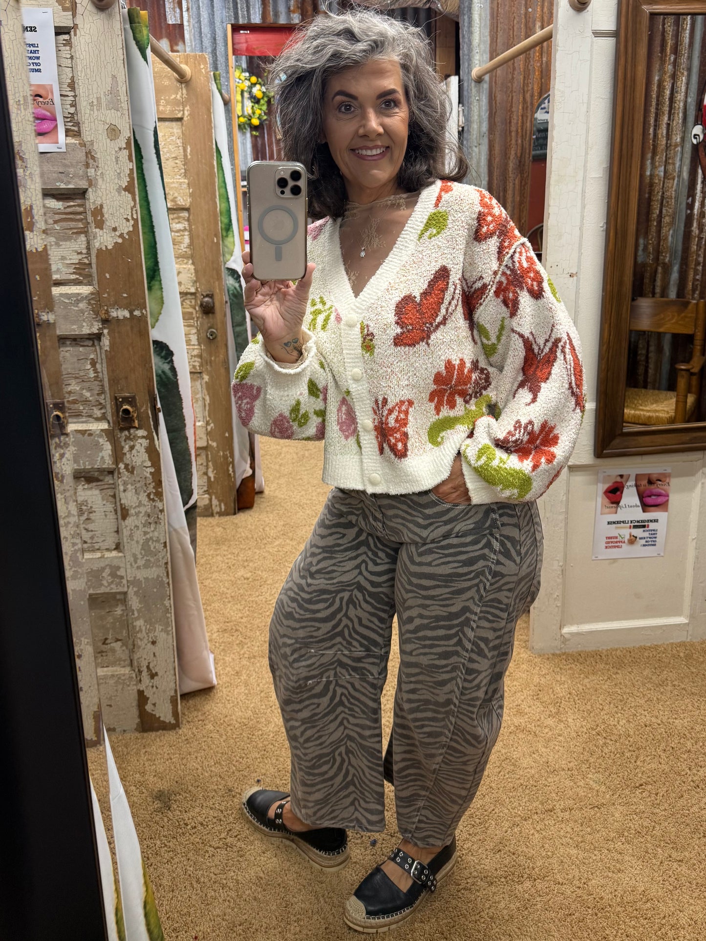 Zebra Mocha Print Barrel Jeans
