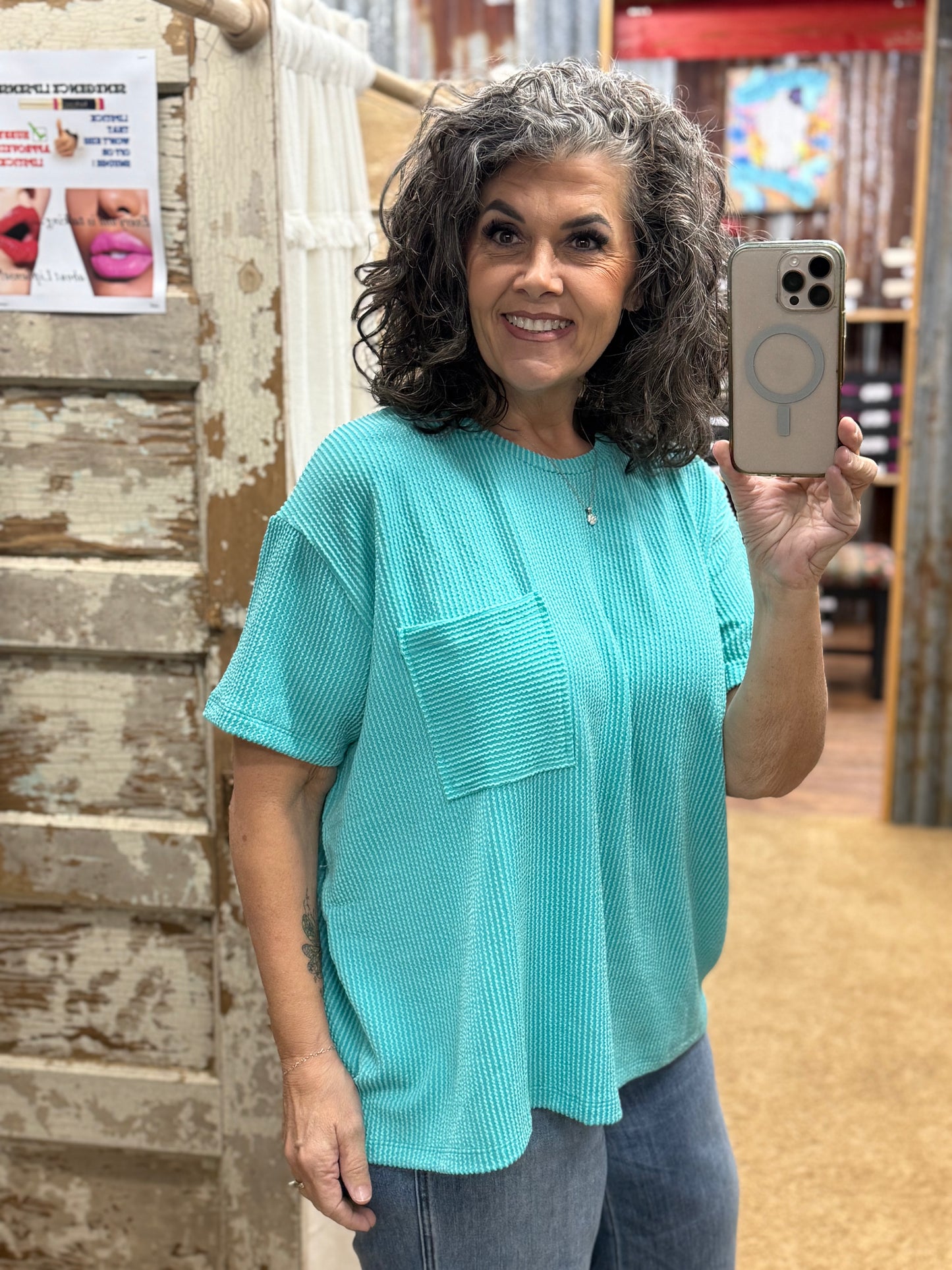 Spring Turquoise Urban Ribbed Short Sleeve Top