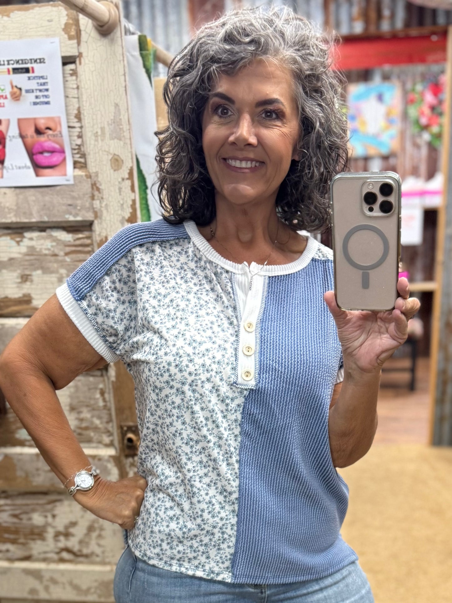Denim Blue Button Front Henley Top