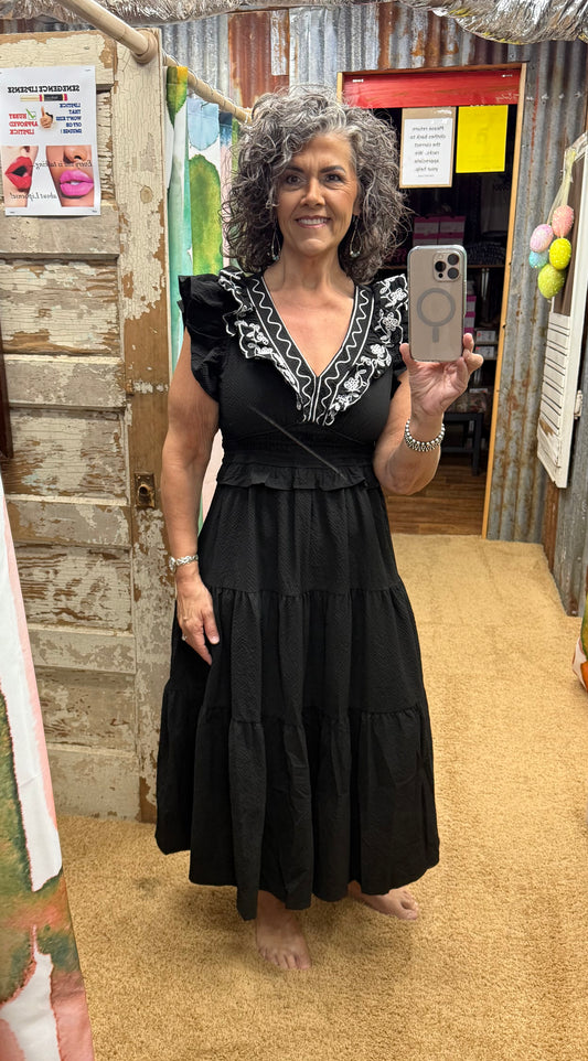 Black Elegant Embroidered Tiered Midi Dress
