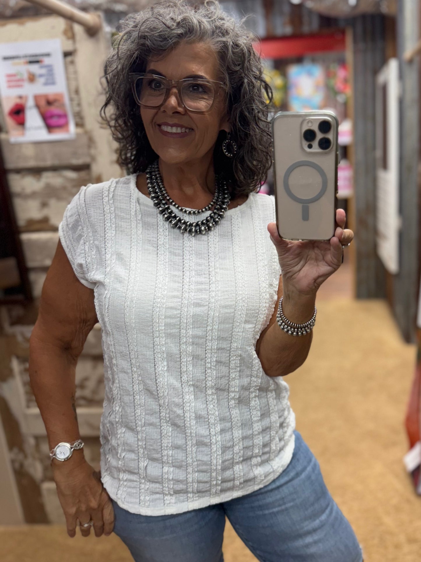 White Lightweight Stripe Textured Cap Sleeves Blouse
