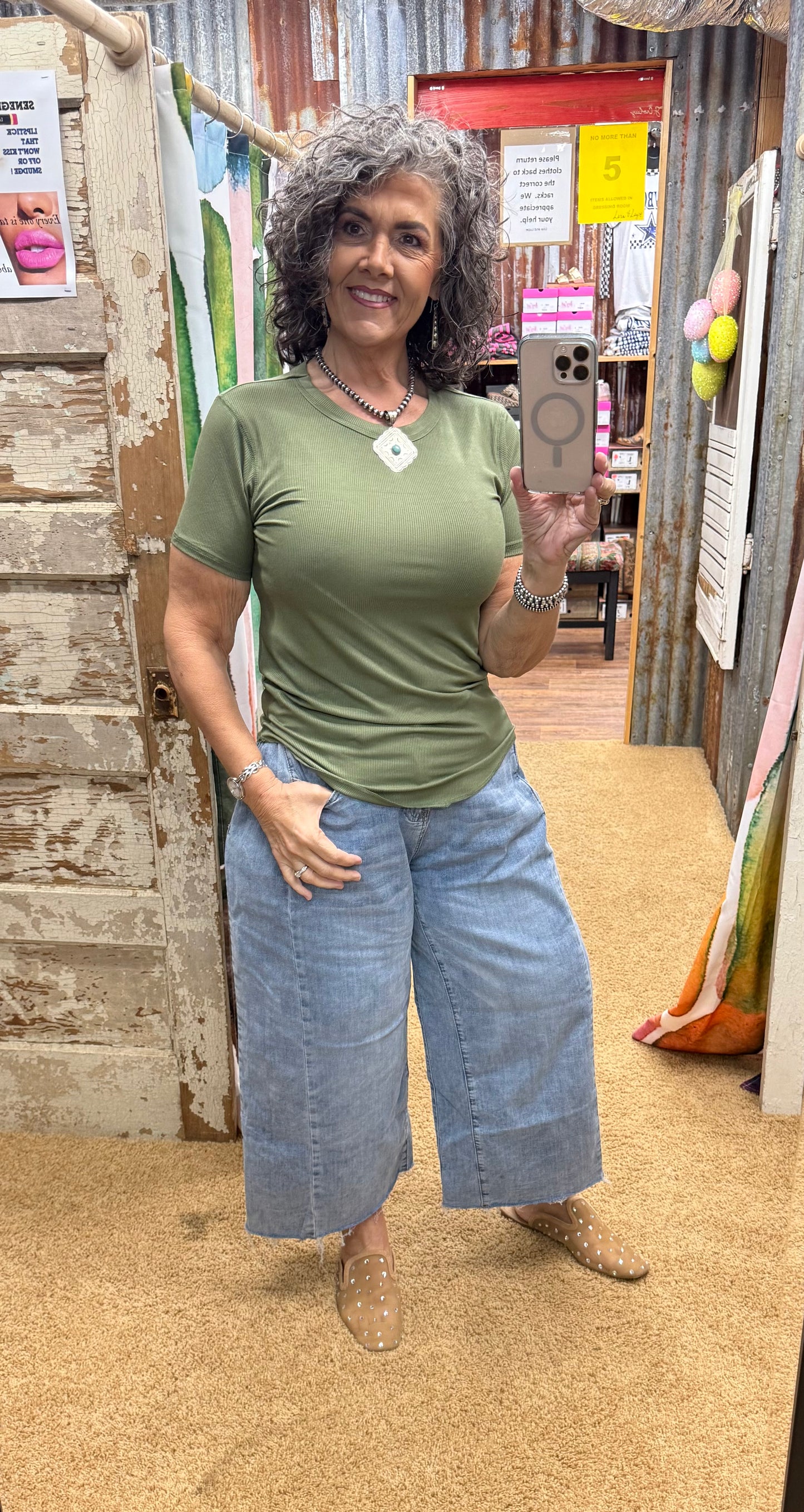 Olive Ribbed Curved Hem Round-Neck Tee