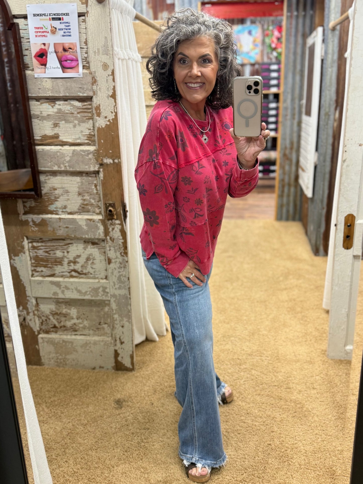 BOHO RED FLORAL PRINTED WASHED TERRY PULLOVER